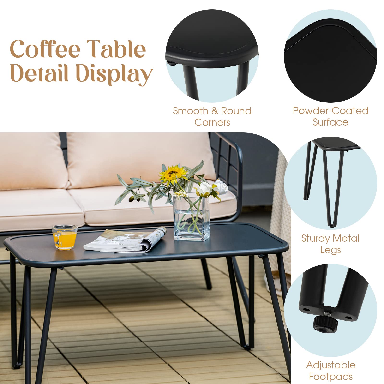 Giantex 4-Piece Outdoor Patio Furniture Set - Steel Frame Loveseat Bench, Coffee Table & 2 Bistro Chairs with Cushions for Garden, Yard, Balcony, Poolside (Beige & Black) | Perfect for Relaxing, Entertaining & Outdoor Dining