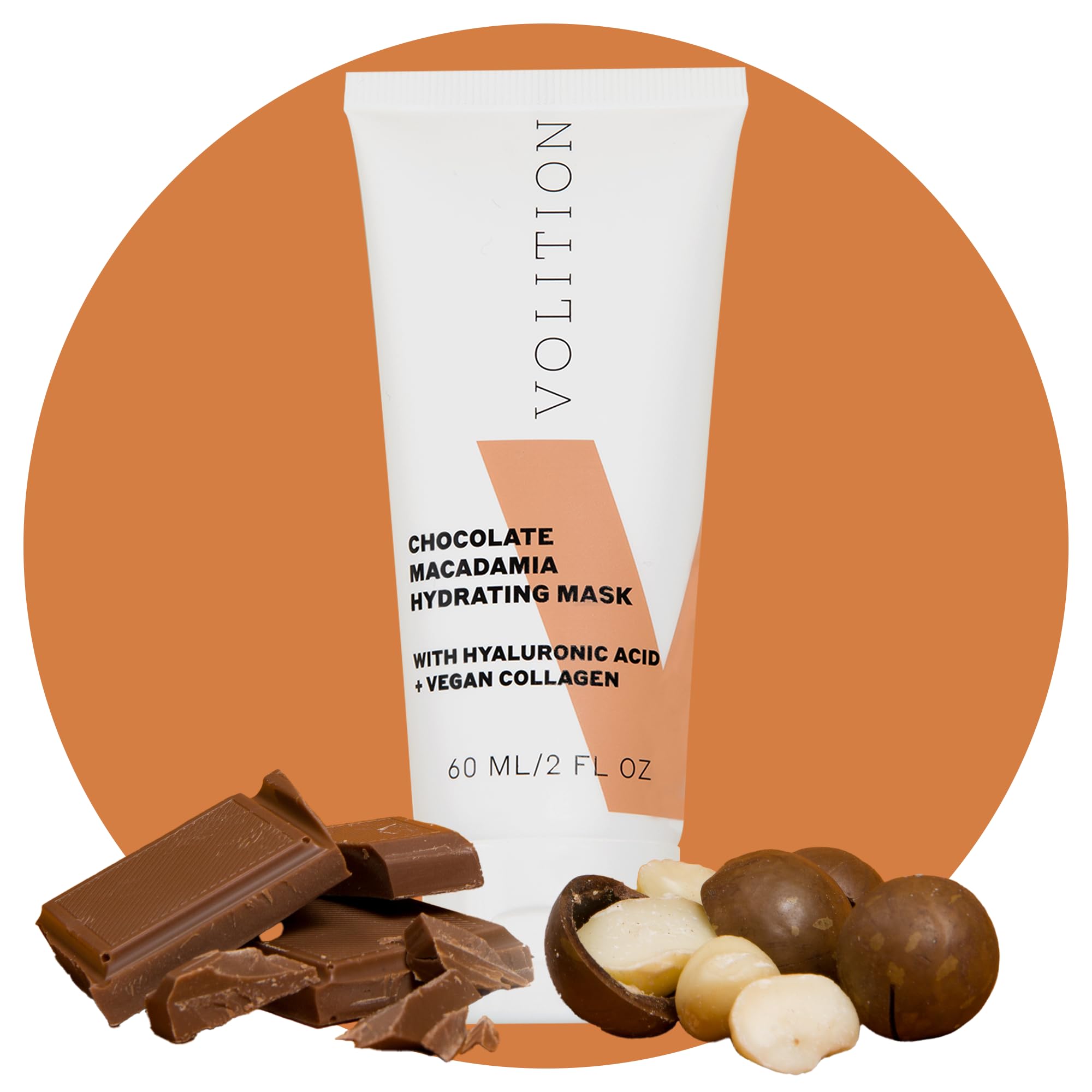 Volition Chocolate Macadamia Hydrating Face Mask - Deeply Moisturizing Facial Treatment with Hyaluronic Acid, Peptides & Vegan Collagen - Cocoa Extract for Glowing Skin (60ml / 2 fl oz) - Perfect for Dry Skin, Nighttime Routine & Spa Day Self-Care