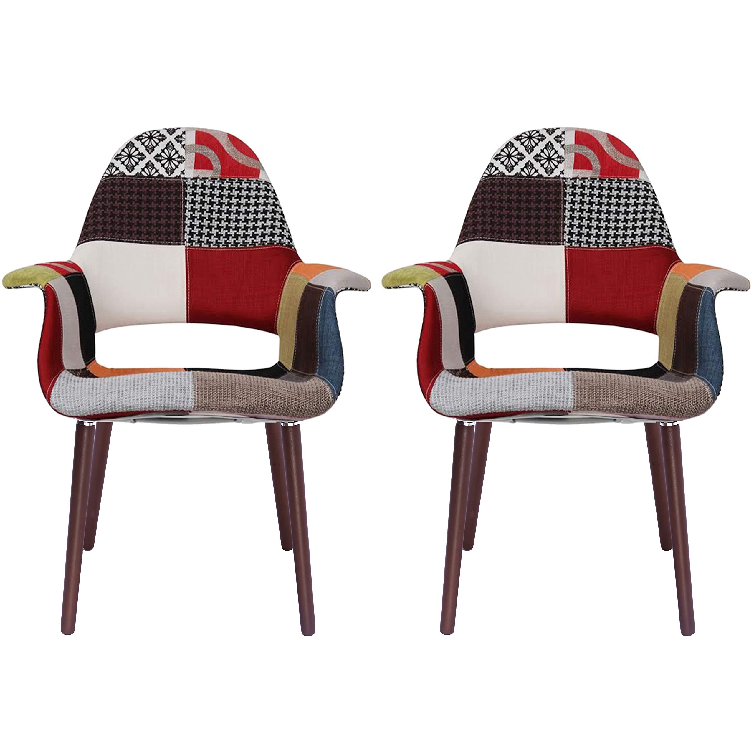 2xhome - Set of 2 Organic Upholstered Patchwork Patterned Fabric Modern Armchairs with Dark Walnut Brown Wooden Legs - Dining Room, Office, or Accent Chair (Sam, Multi Color) - Perfect for Living Room Seating, Home Office Furniture, and Stylish Home Decor