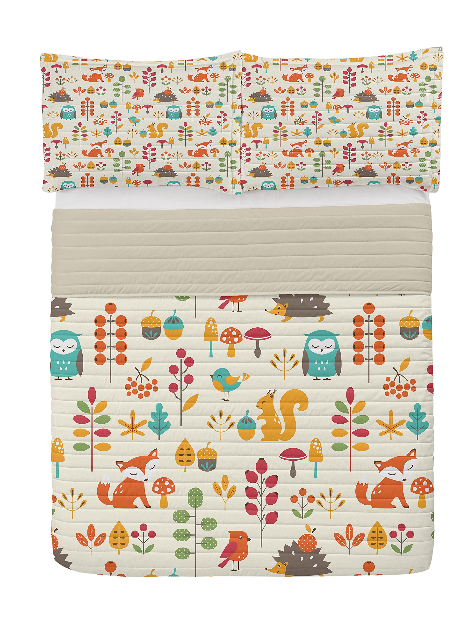 Ambesonne Cartoon Microfiber Bedspread Set - Autumn Owl Fox Squirrel Birds Animal Leaves Print, Soft King Size Bedding with Pillow Shams & Comforter, Multi Color | Cozy Fall Decor for Bedroom & Guest Room