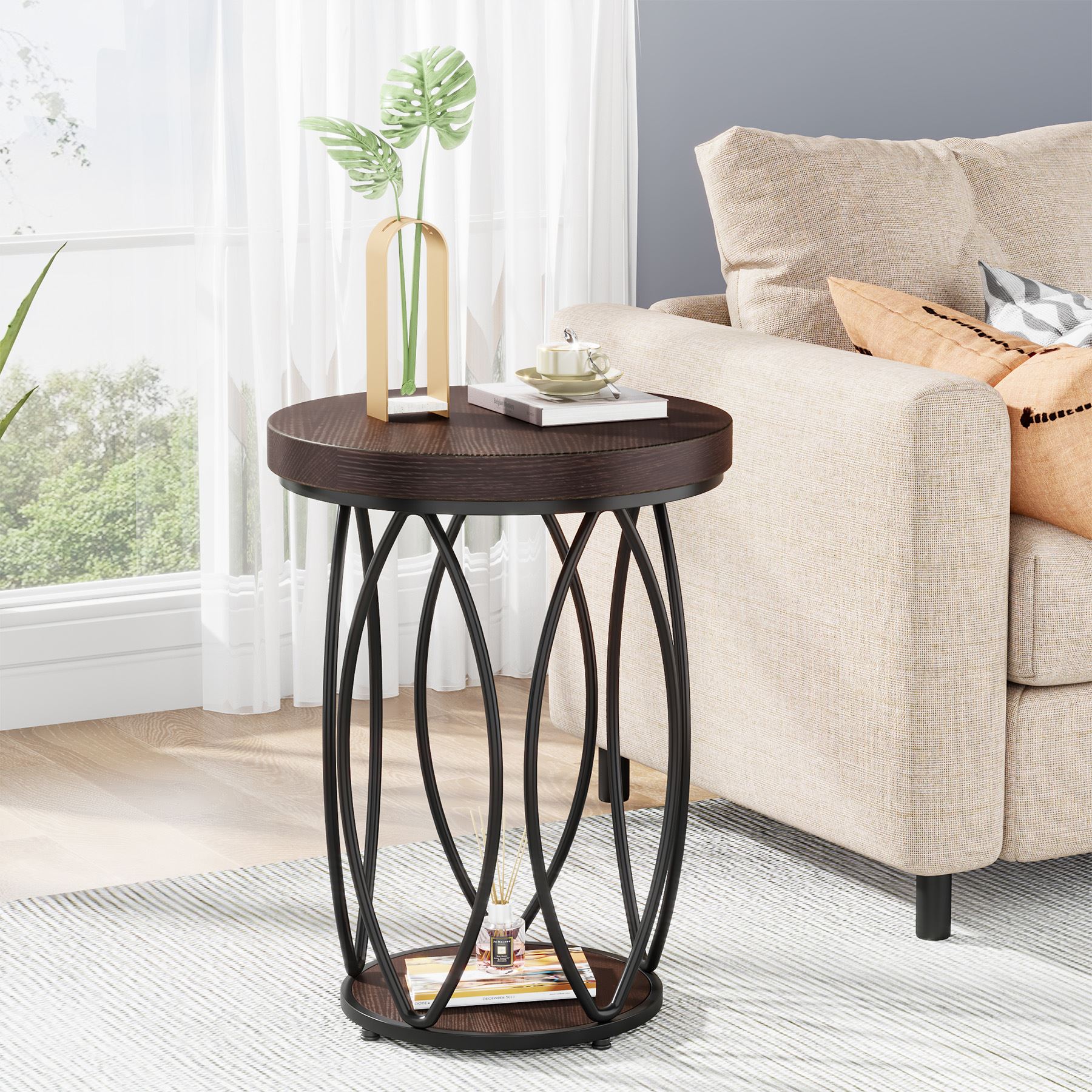 Industrial Round End Table with Storage Shelf - Modern Accent Side Table for Living Room, Bedroom & Office Decor