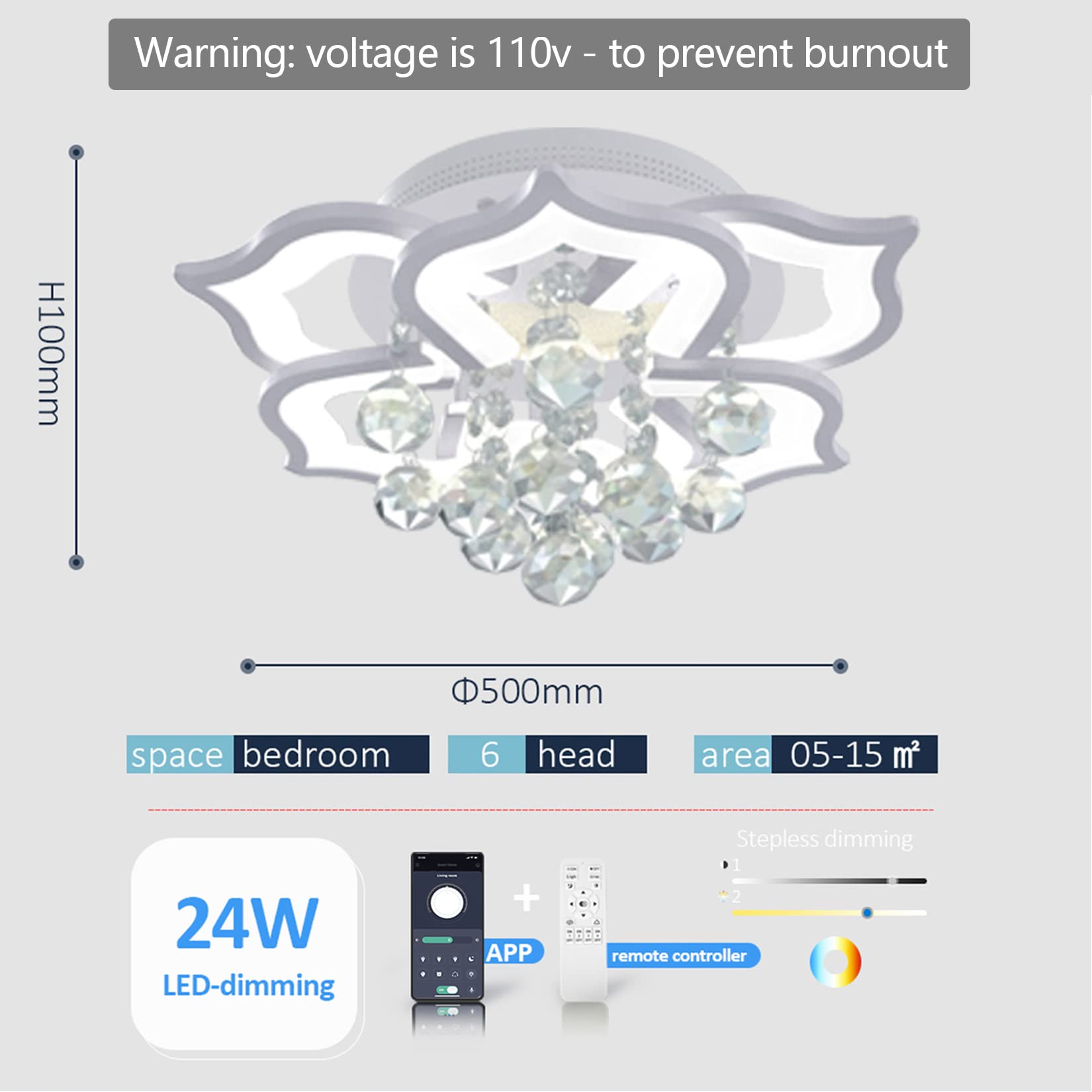 Modern Crystal Flush Mount LED Chandelier - 6-Light Ceiling Flower Lamp with Remote Control, 24W, 19.7