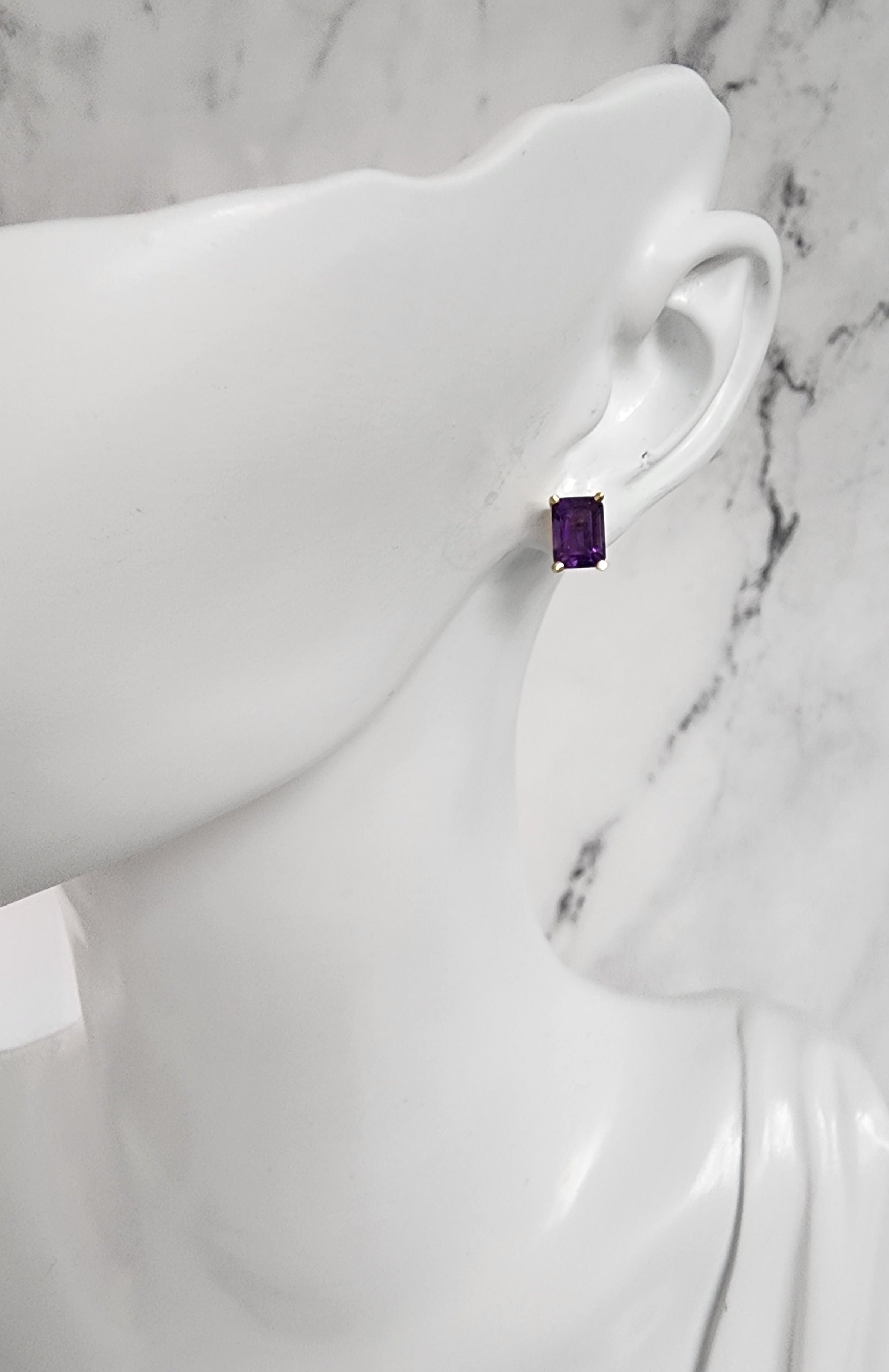 14K Yellow Gold Emerald Cut Amethyst Stud Earrings for Women - Elegant Purple Gemstone Jewelry for Everyday Wear, Gift Giving & Special Occasions