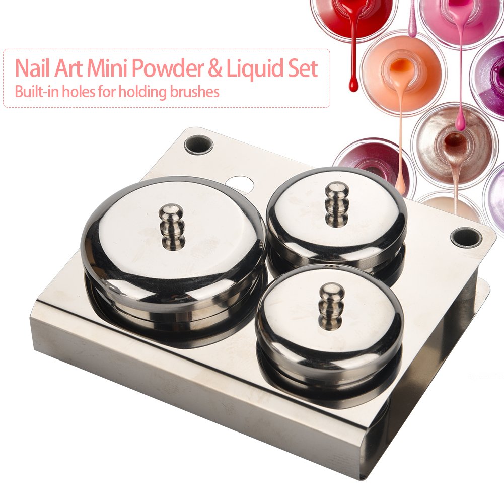 3Pcs Stainless Steel Nail Art Powder & Liquid Storage Containers Set with Brush Holder - Compact Manicure Tools for Professional Salon & Home DIY Nail Care