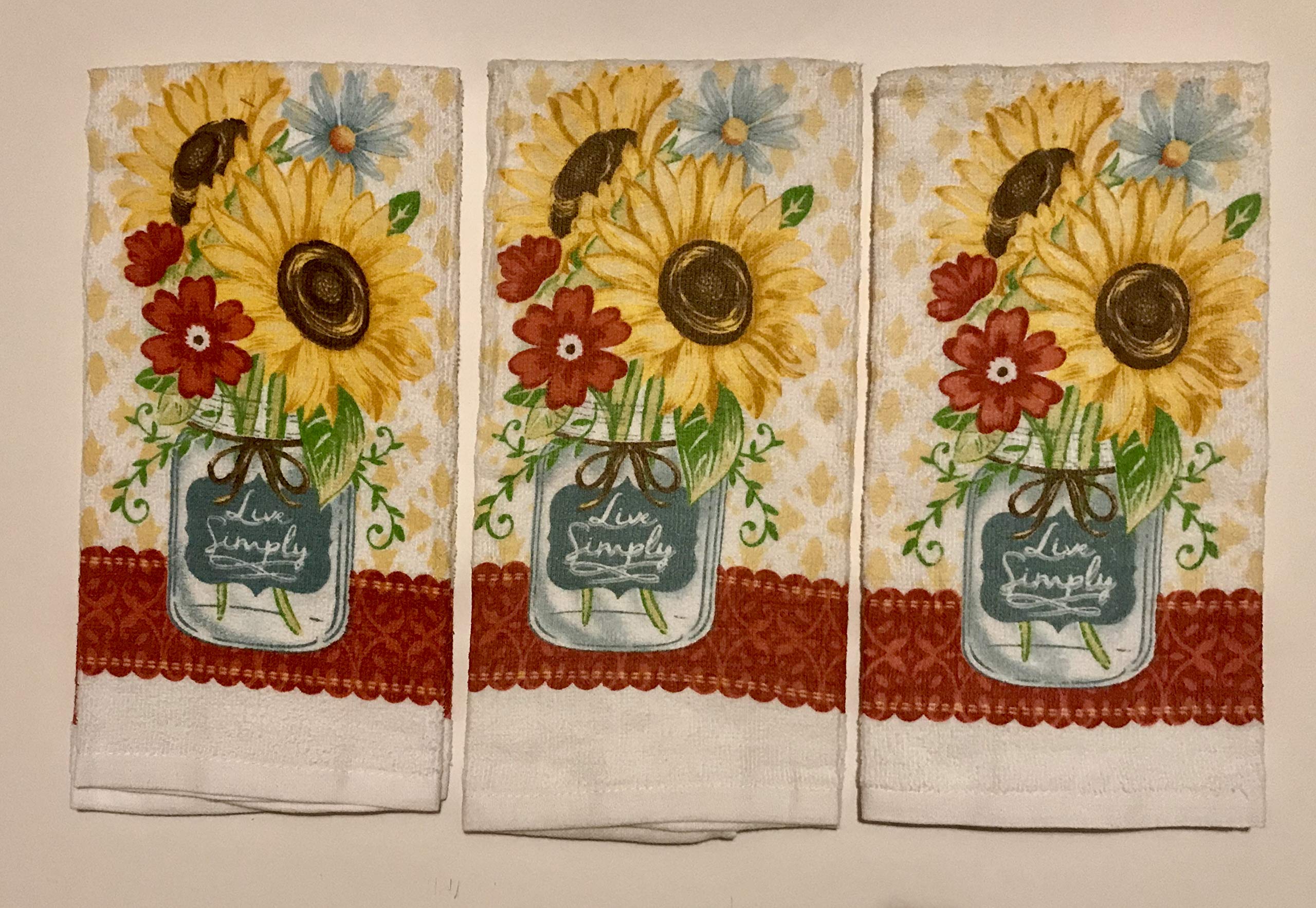 True Living Kitchen Towels 3-Piece Set - Super Absorbent & Quick-Dry Dish Towels (Sunflower Bouquet Design) for Cooking, Cleaning & Home Decor