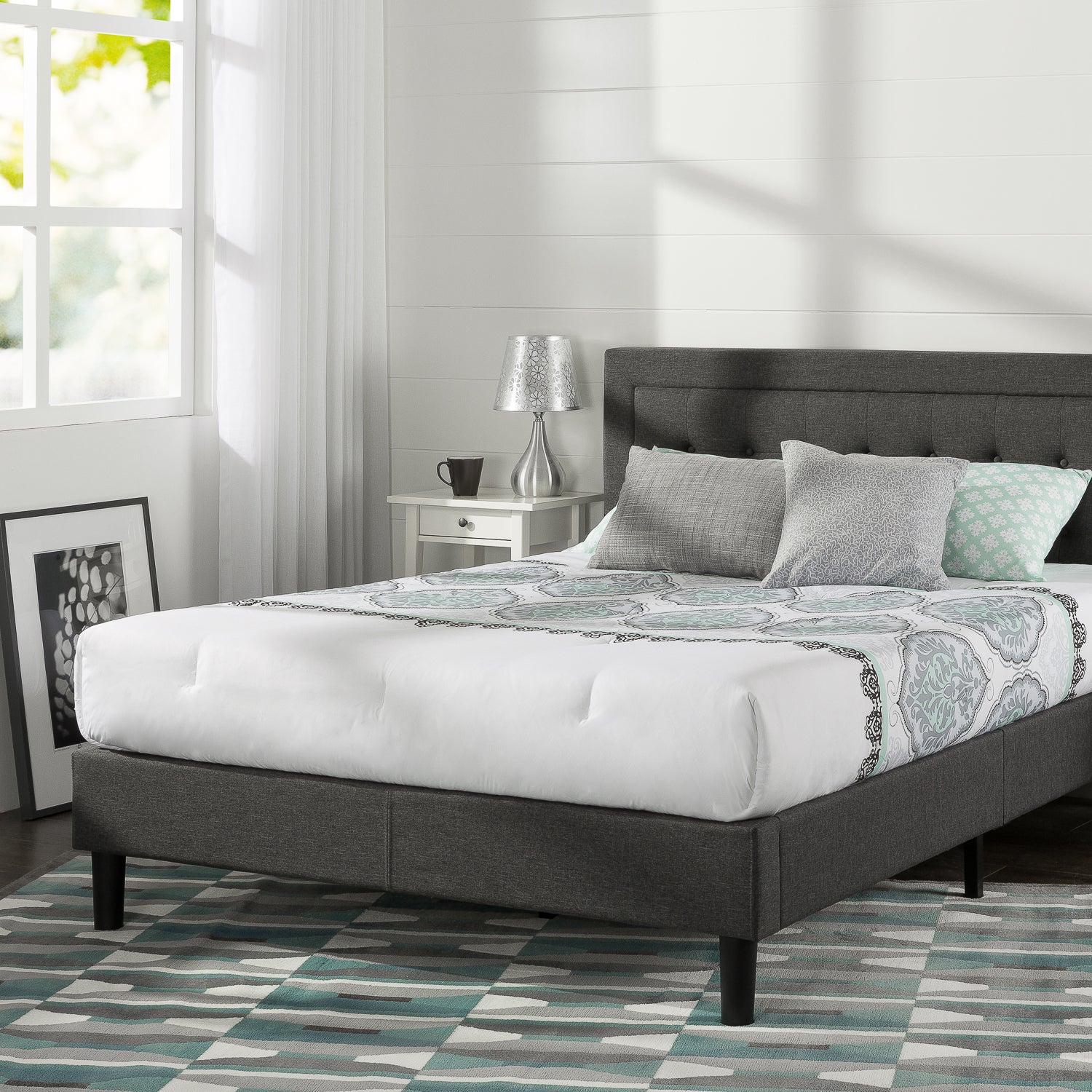 Zinus Dachelle Queen Size Fabric Upholstered Platform Bed Frame with Wooden Slats - Modern Bedroom Furniture for Small Spaces & Guest Rooms