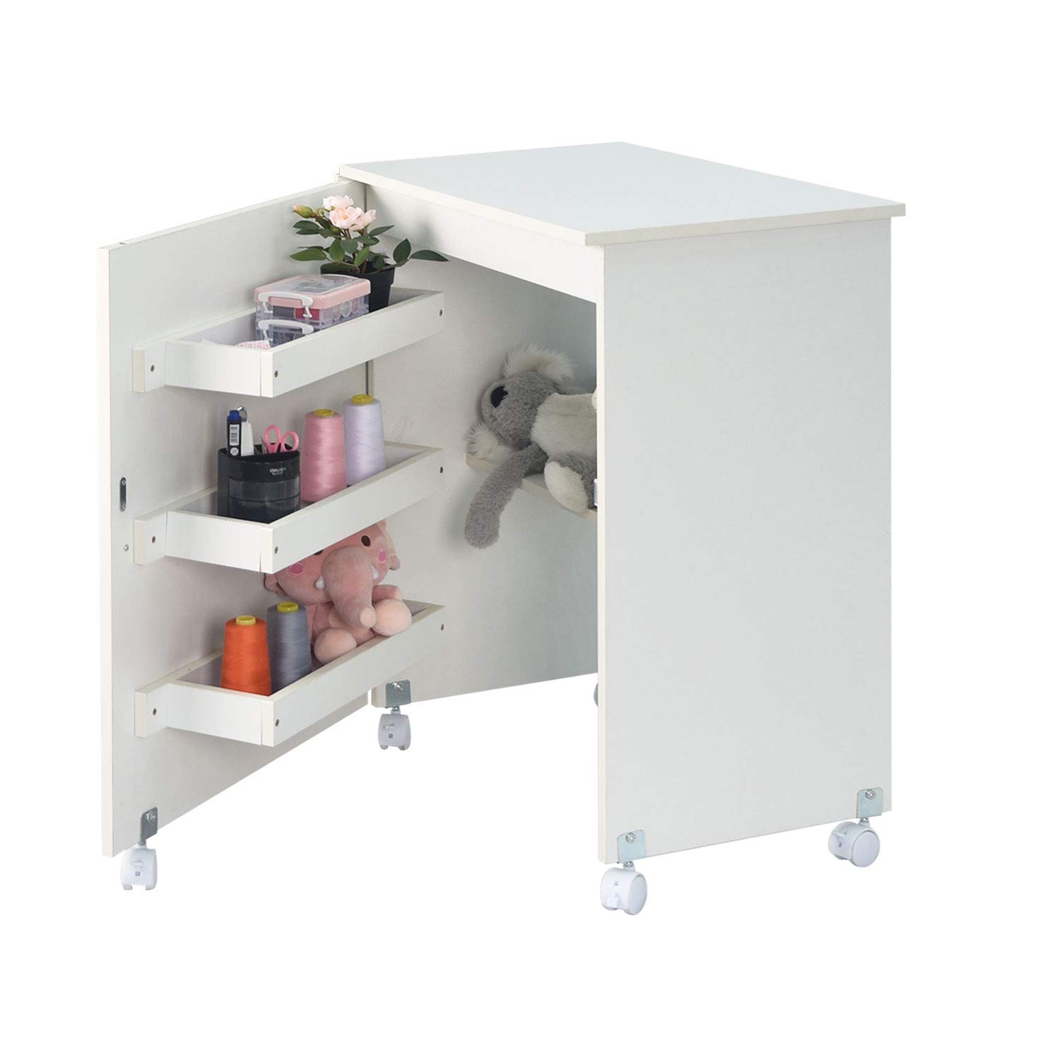 Usinso Folding Sewing Table with Storage Shelves - Multifunctional Rolling Sewing Machine Cart, Craft Cabinet & Portable Computer Desk with Lockable Casters (White) | Perfect for Home Sewing Projects, Quilting & Craft Rooms