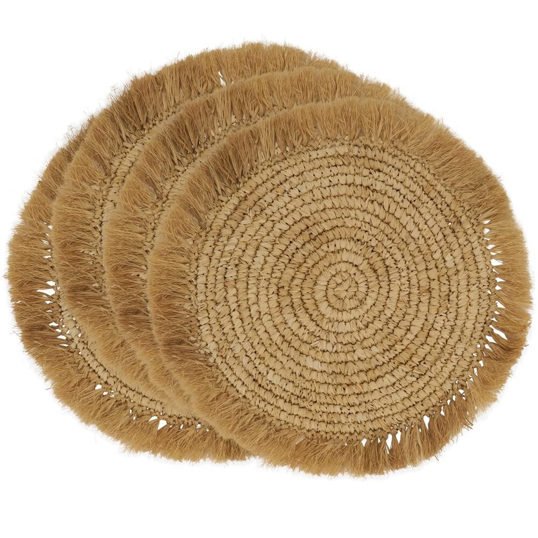 Fennco Styles Raffia Fringe Woven Round Placemats - Set of 4 Natural Boho Table Mats (15 Inch) for Dining Room, Kitchen, Banquets & Special Occasions | Eco-Friendly Home Decor for Family Gatherings & Dinner Parties