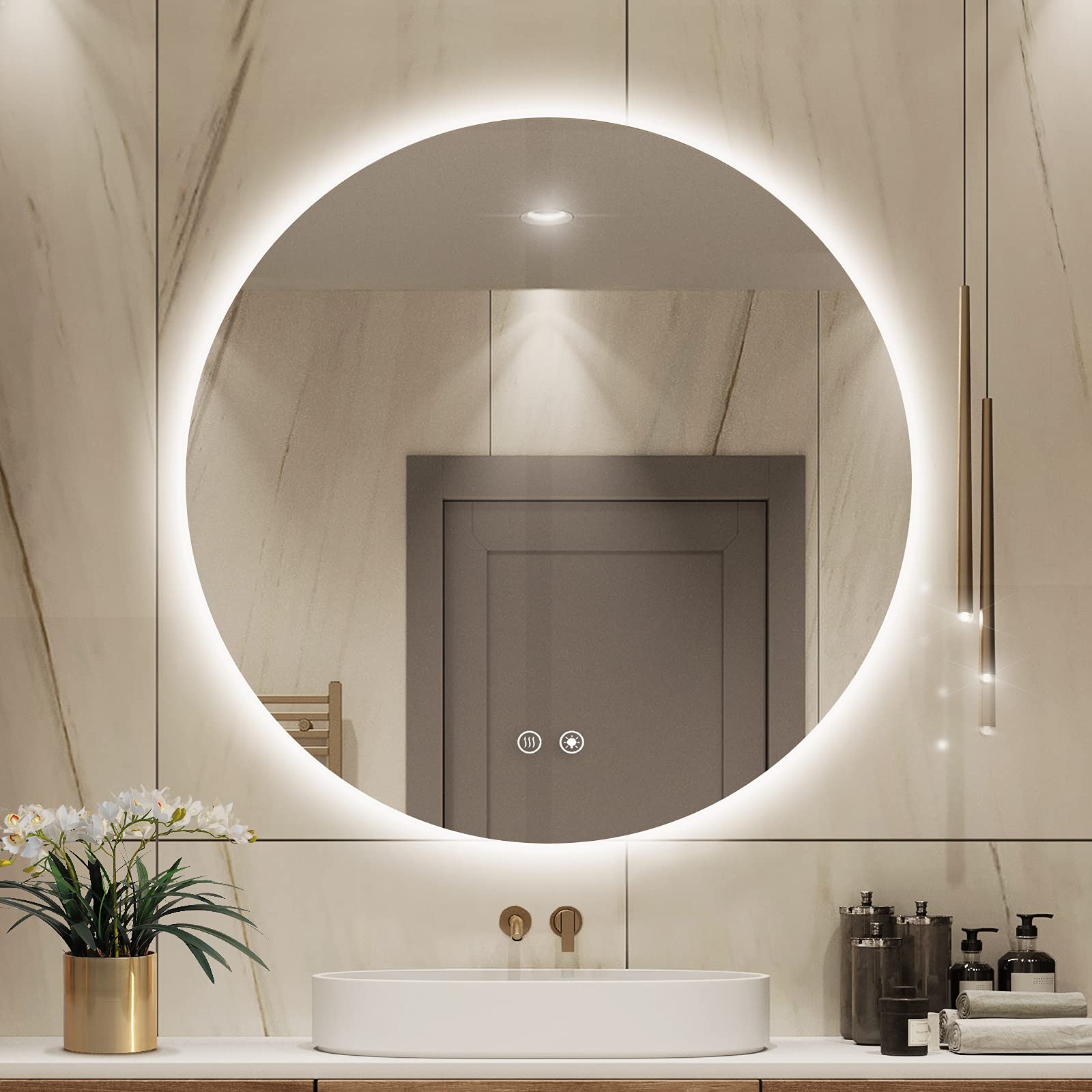 FTOTI 24 Inch Round LED Vanity Mirror with Dimmable Backlit Lights, 6000K Wall Mounted Bathroom Mirror with Anti-Fog, Touch Switch & CRI 90+ - Perfect for Makeup, Shaving & Home Decor