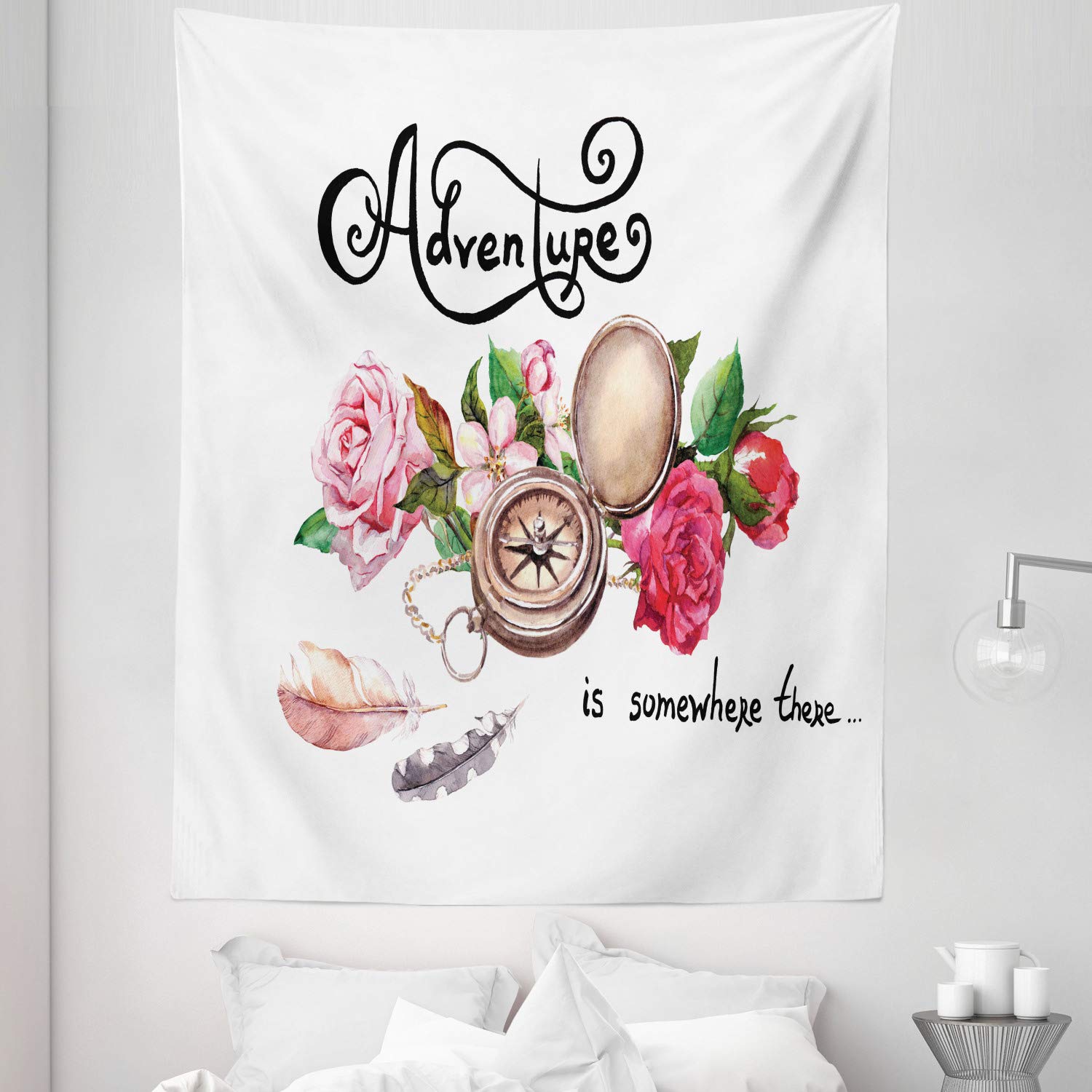 Ambesonne Vintage Compass Floral Adventure Tapestry - Twin Size Watercolor Wall Hanging, 68x88 Inch Multicolor Bedspread & Wall Decor for Bohemian Bedroom, Dorm Room, or Travel-Themed Living Space