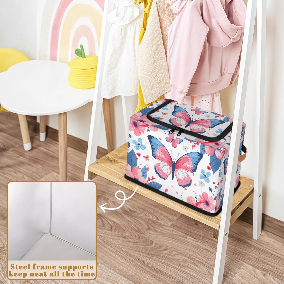 2-Pack Stackable Storage Bins with Zipper Lid & Metal Frame - Butterfly Flower Design Closet Organizer Cubes with PU Handles | Perfect for Clothes, Toys, and Home Organization
