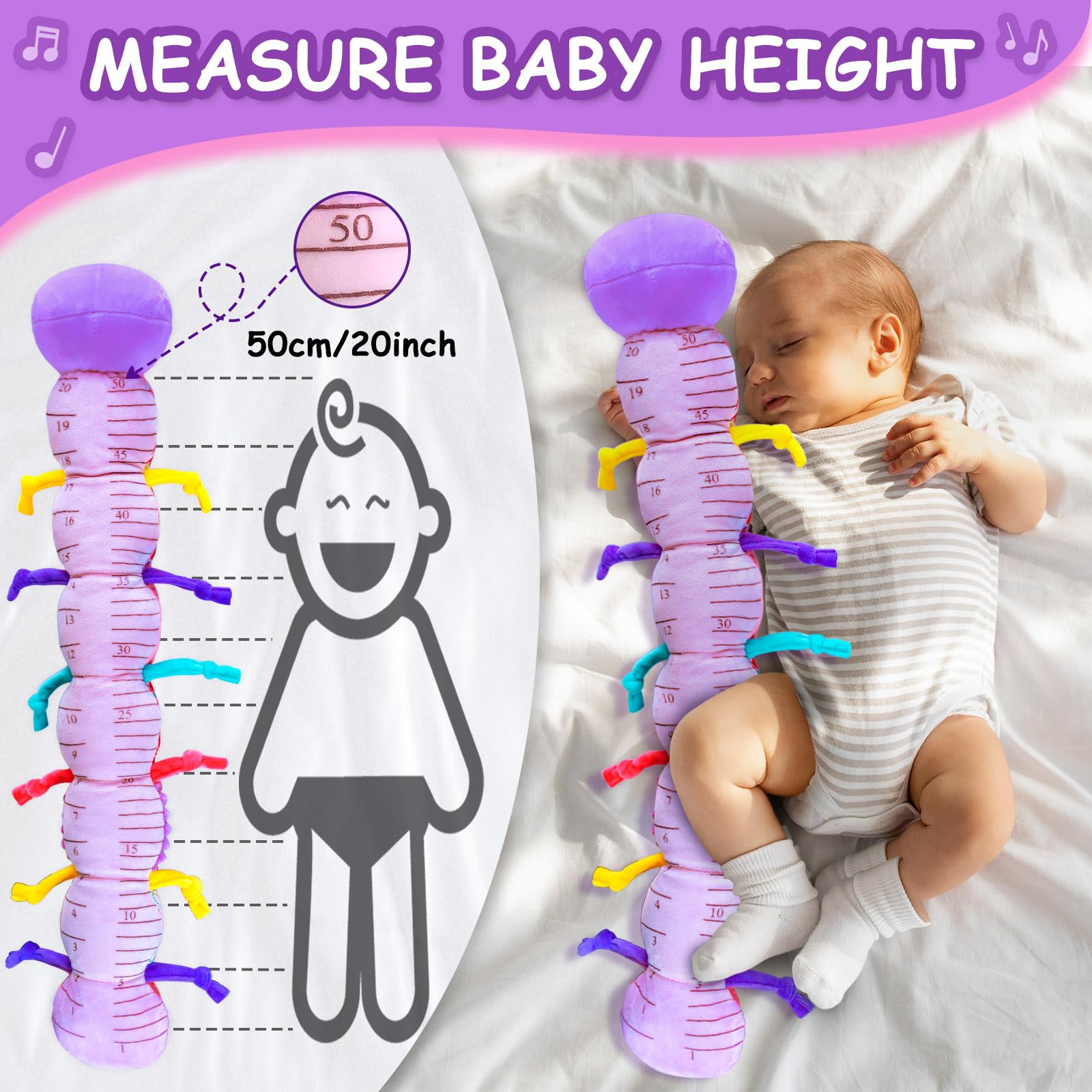 Soft Textured Baby Stuffed Animal Toy with Rattle & Crinkle Sounds - Sensory Developmental Toy for Infants 0-12 Months | Perfect Baby Shower Gift for Girls & Boys | Caterpillar Plush Toy in Purple for Tummy Time & Early Learning Play