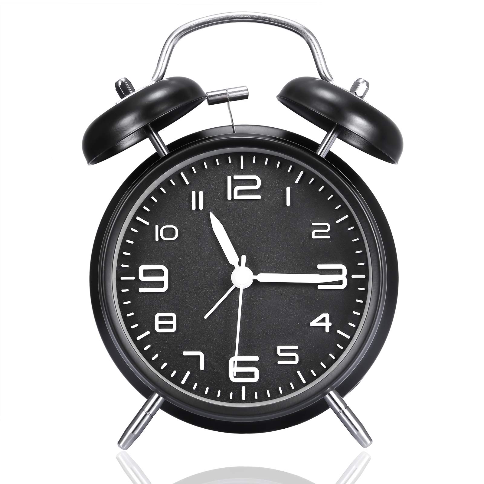 4 Inch Twin Bell Loud Alarm Clock for Heavy Sleepers - Battery Operated, Silent Non-Ticking, with Night Light & 3D Stereoscopic Dial - Perfect for Bedroom, Desk, Bedside (Black) | Wake Up Easily, Ideal for Deep Sleepers & Home/Office Use