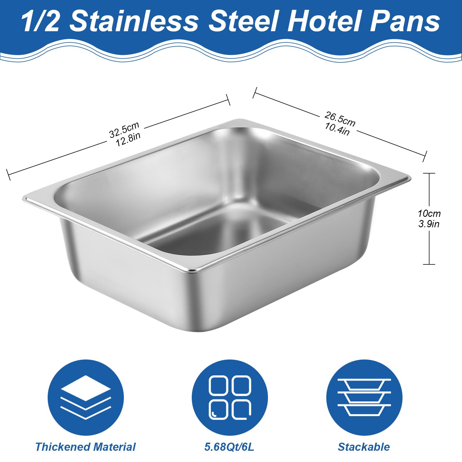 8-Pack Stainless Steel Steam Hotel Pans - 1/2 Size, 4