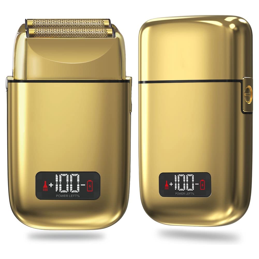 Professional Rechargeable Electric Razor for Men - Gold Metal Housing Facial & Beard Shaver with Precision Blades | Perfect for Travel, Daily Grooming & Gift Giving
