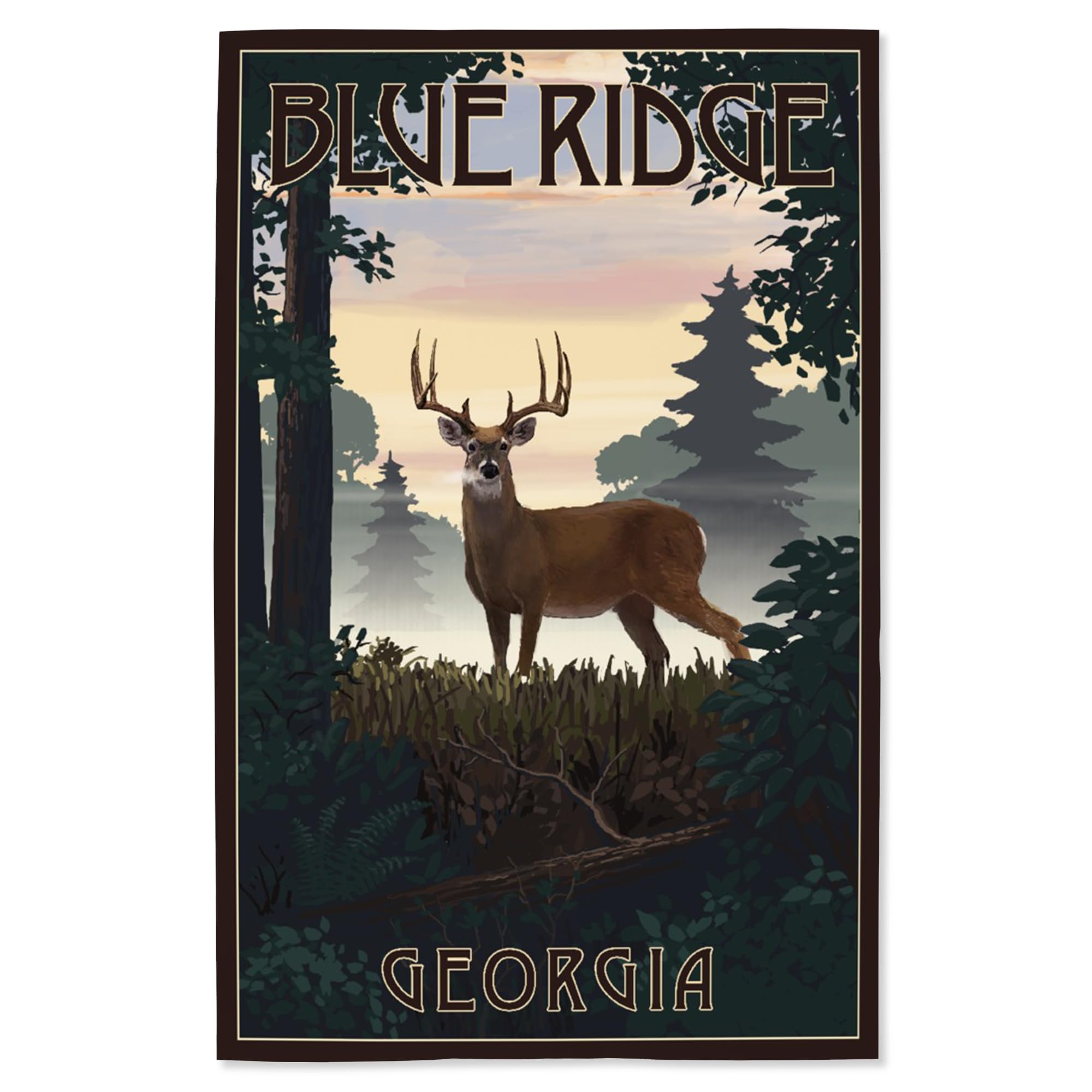 Lantern Press 16x24 Inch Giclee Art Print - Blue Ridge Georgia Landscape with Deer & Sunrise - Wall Decor for Living Room, Bedroom & Office
