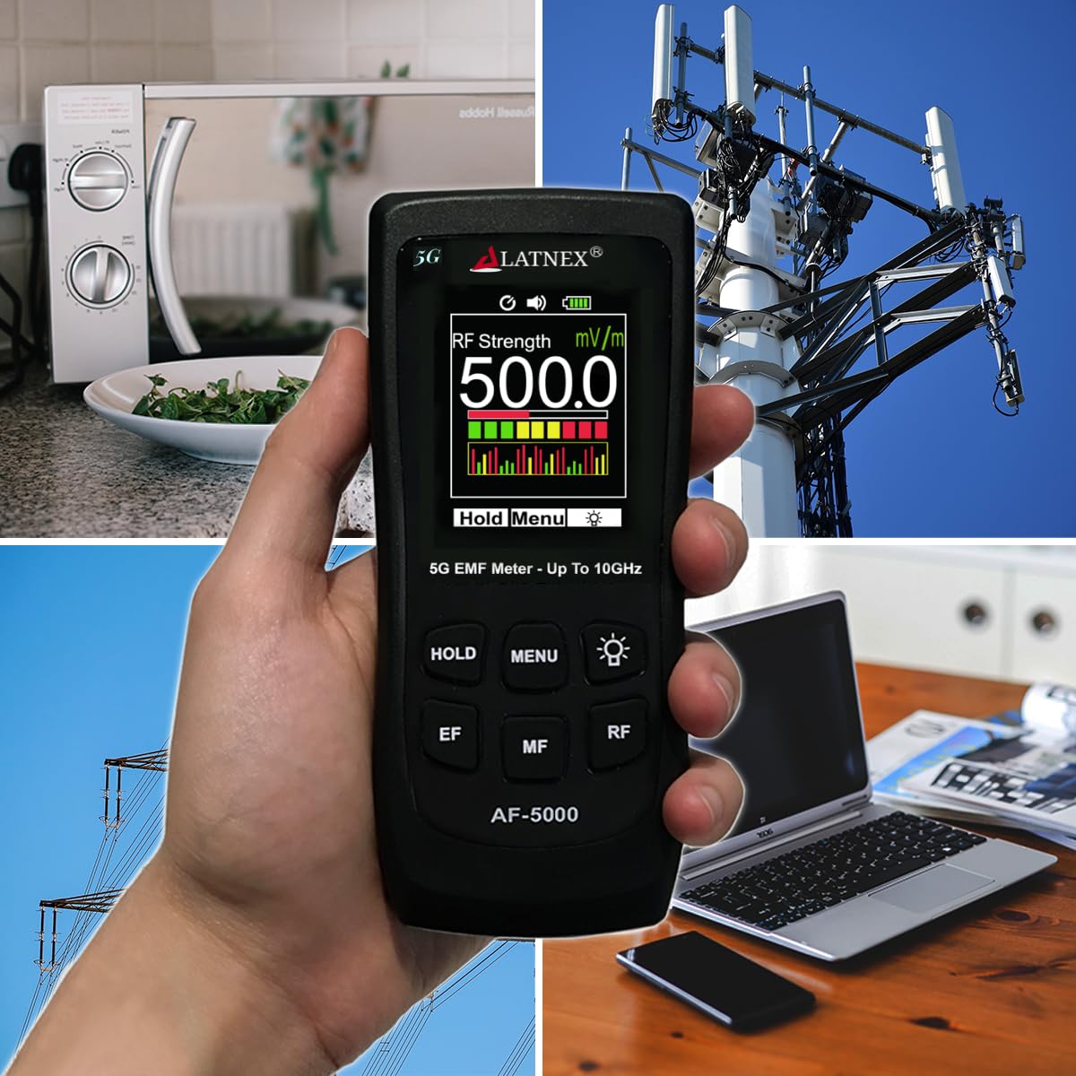 LATNEX AF-5000 5G EMF Meter - Professional Electromagnetic Field Detector for RF (Up to 10GHz), Magnetic & Electric Fields - Includes Aluminum Carrying Case & Calibration Certificate - Perfect for Home, Office & 5G Radiation Safety Testing