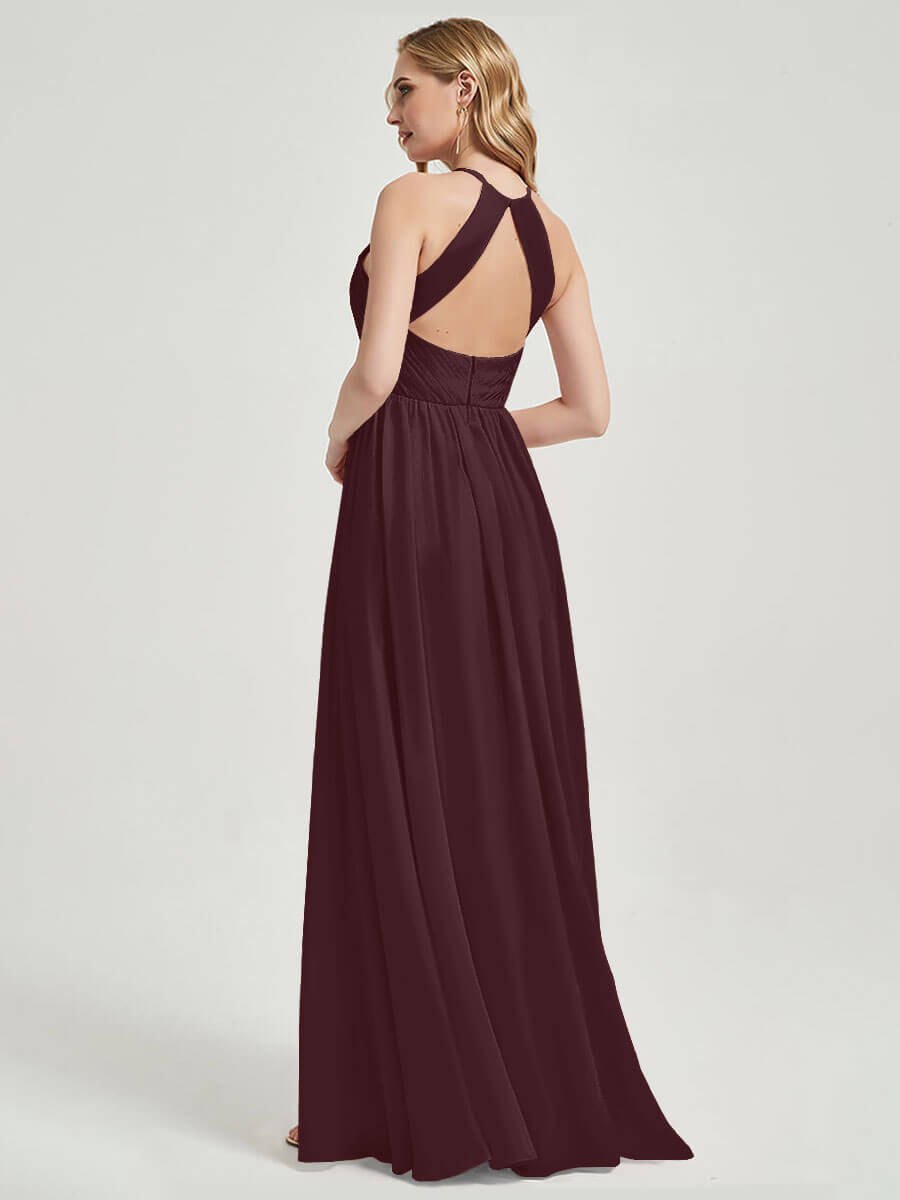 Elegant Cabernet Halter Pleated Keyhole Back Chiffon Bridesmaid Dress - Perfect for Weddings, Formal Events & Special Occasions