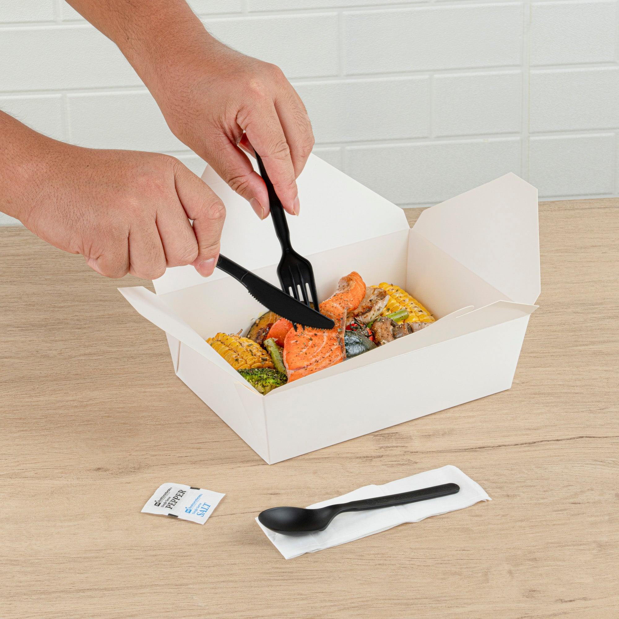 Eco-Friendly Black PLA Plastic Cutlery Set with Napkins & Salt/Pepper Packets - 500 Count Compostable Cutlery Kit (6.25