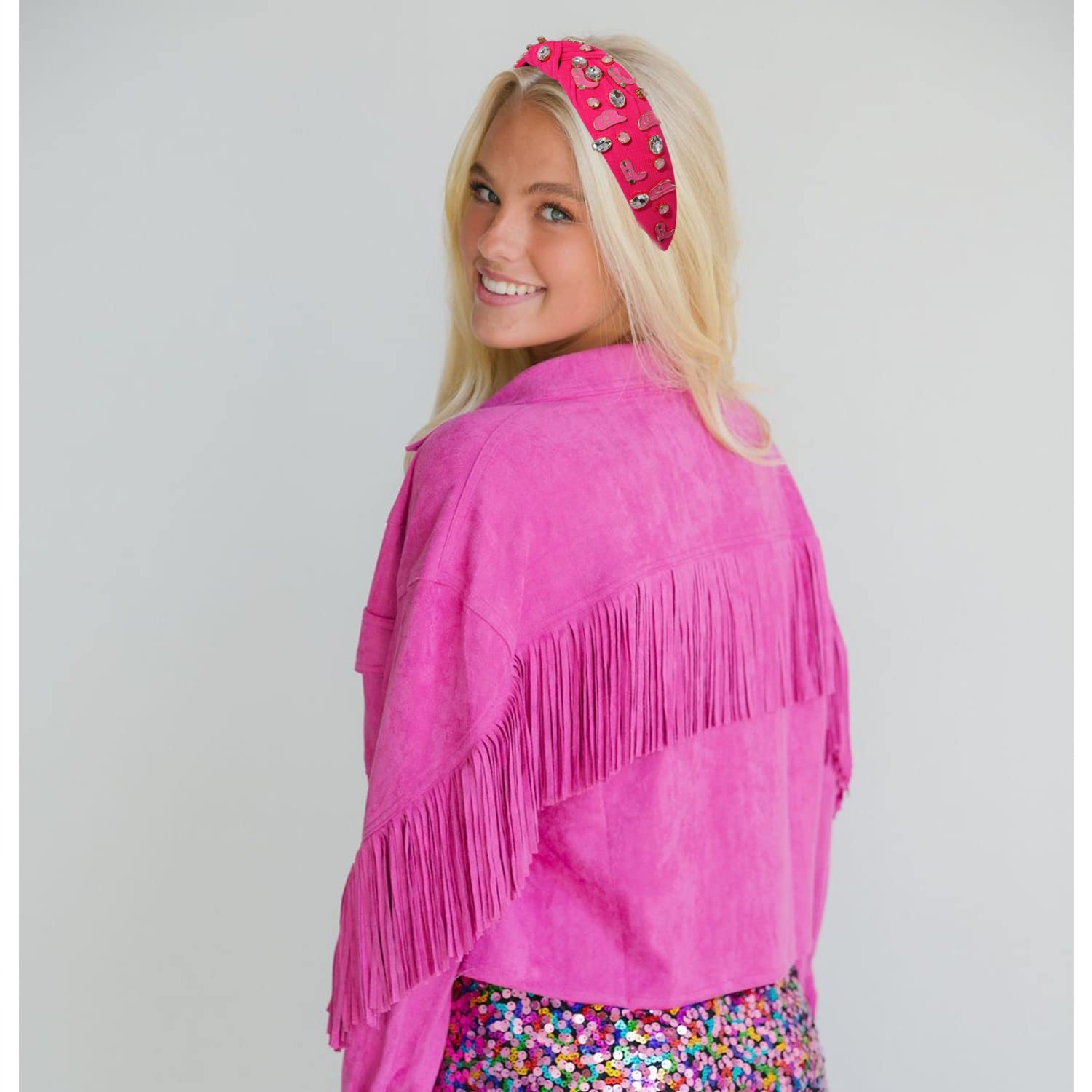 Mokkia Hot Pink Rhinestone Crystal Knotted Headband for Women - Western Cowgirl Hair Accessories, Wide Headband for Boots Hats, Spring Summer Fashion Headwear (Rose Red) - Perfect for Rodeo, Concerts, and Outdoor Events