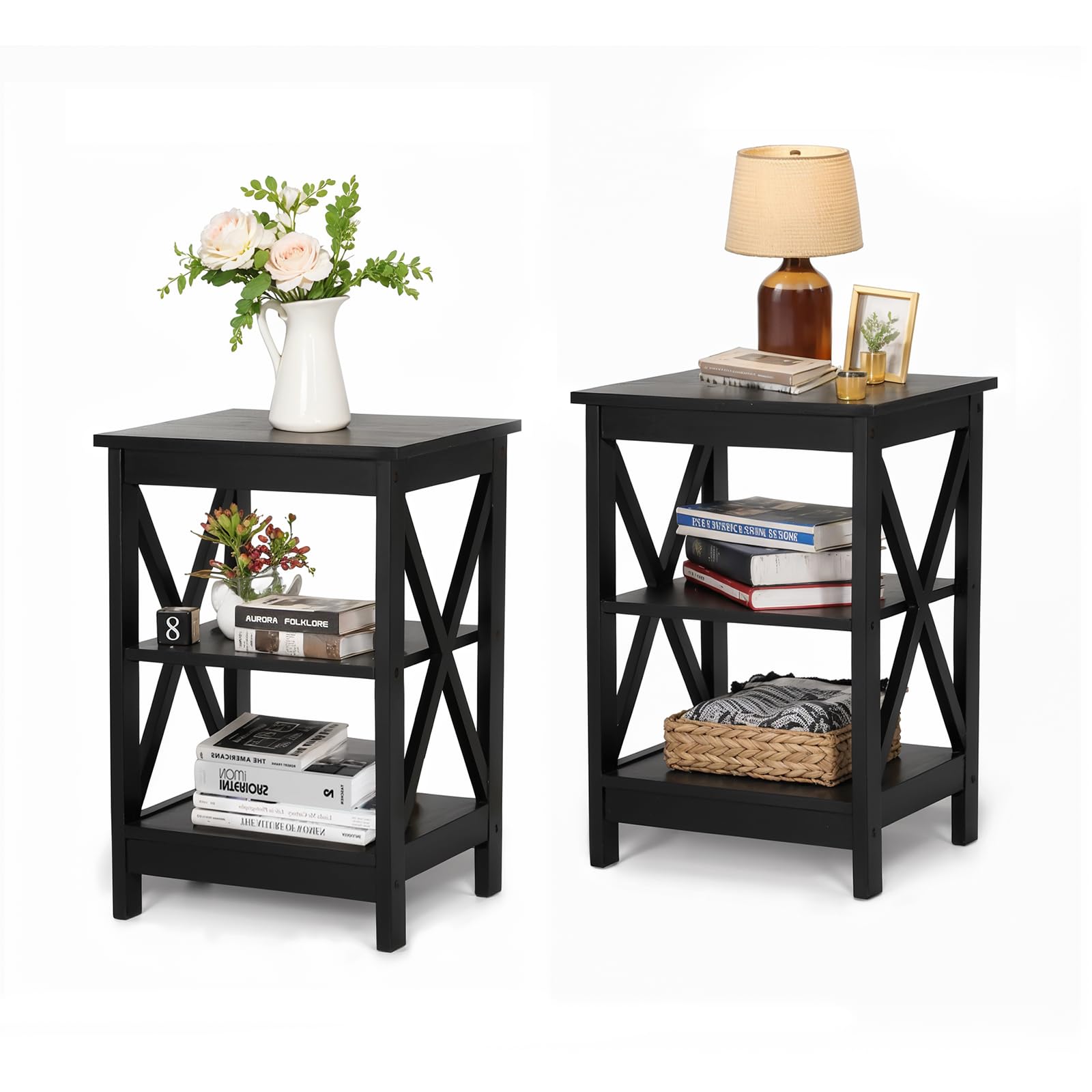 MAISON ARTS Black End Tables Set of 2 - 3-Tier Modern Nightstands for Living Room & Bedroom, Farmhouse Small Side Tables - Perfect for Coffee Storage, Reading Lamps, and Bedside Essentials