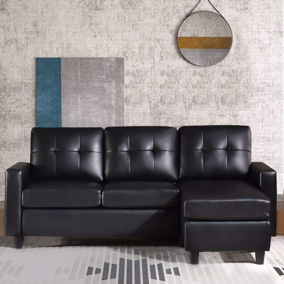 HONBAY Convertible L-Shaped Faux Leather Sectional Sofa for Small Spaces - Black | Modern Living Room Furniture for Apartments & Condos