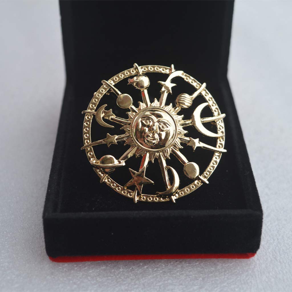 Golden Star Moon Sun Galaxy Brooch - Unisex Pewter Lapel Pins for Cardigan, Blouse & Shawl - Cosmic Couple Jewelry for Everyday Wear & Special Occasions