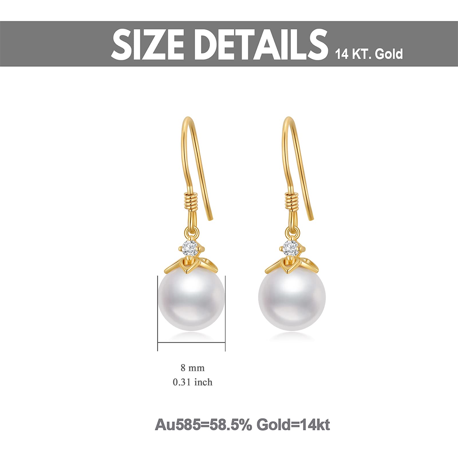 14K Solid Gold Freshwater Pearl Drop Earrings for Women - 8mm Handpicked Cultured Pearl Dangling Heart Earrings - Elegant Jewelry Gift for Her, Wife, Mom - Perfect for Weddings, Anniversaries & Special Occasions