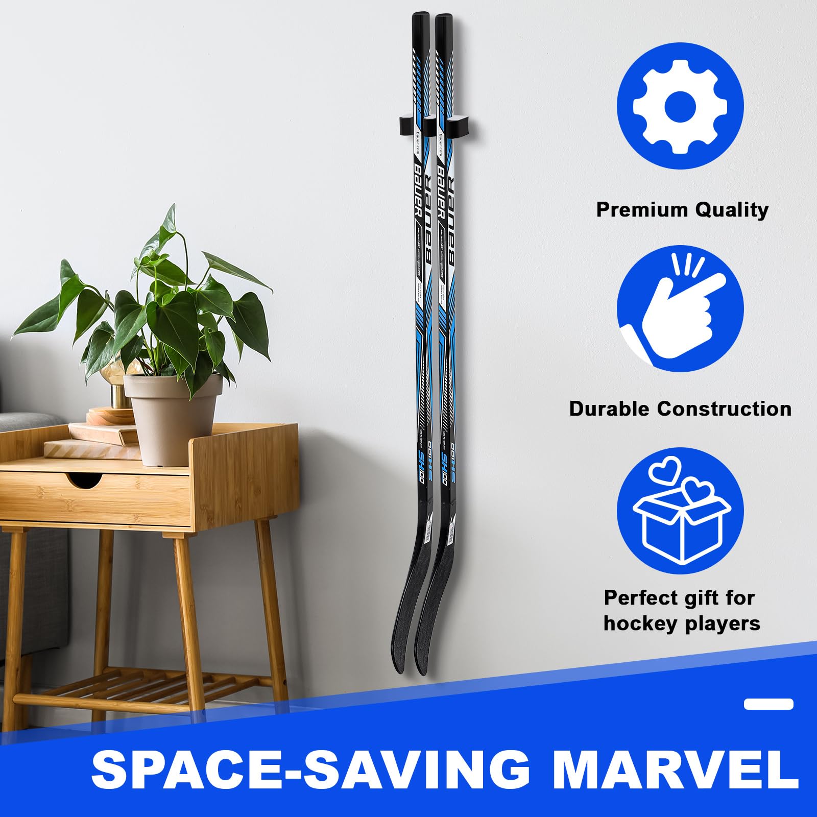 Yousoontic Hockey Stick Holder Wall Mount - Organizer for 1, 2, 3, 4 or 6 Ice Hockey Sticks - Space Saving Storage Solution for Home, Office, Garage or Locker Room - Perfect for Hockey Players and Fans Display