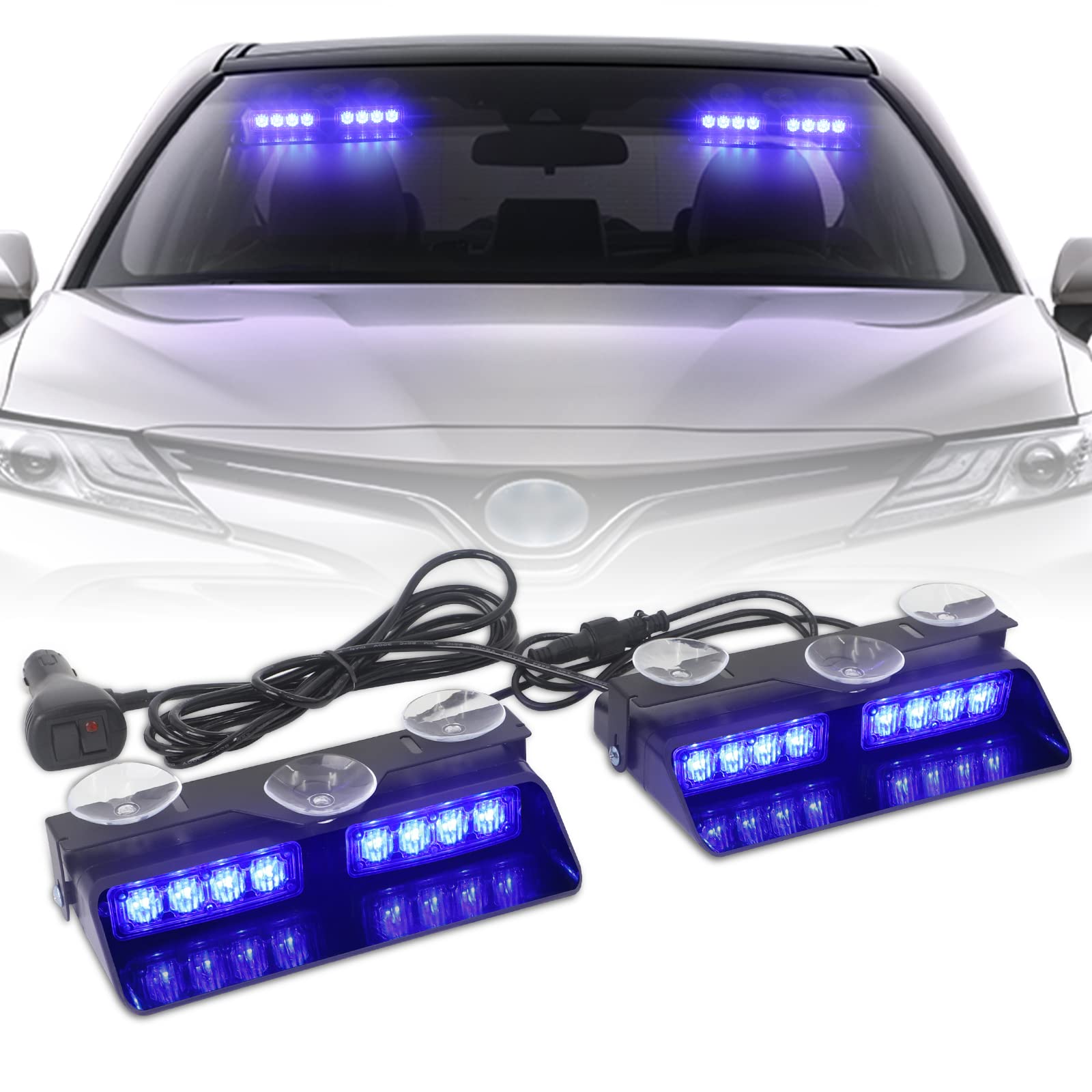 XRIDONSEN 2 in 1 Blue Emergency Strobe Lights - 16 LED Warning Safety Flashing Lights with Suction Cups for Windshield - Perfect for Ambulance, Firefighter, Police Vehicles & Trucks (2×7.16 inch) - Ideal for Emergency Response, Roadside Assistance & Nighttime Visibility