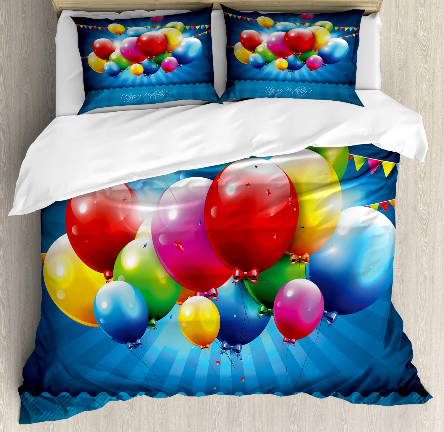 Ambesonne Birthday Duvet Cover Set - Vibrant Balloons & Party Flags on Blue Background, 3-Piece Bedding Set with 2 Pillow Shams, California King Size, Multicolor | Perfect for Birthday Parties, Bedroom Decor & Gift Giving