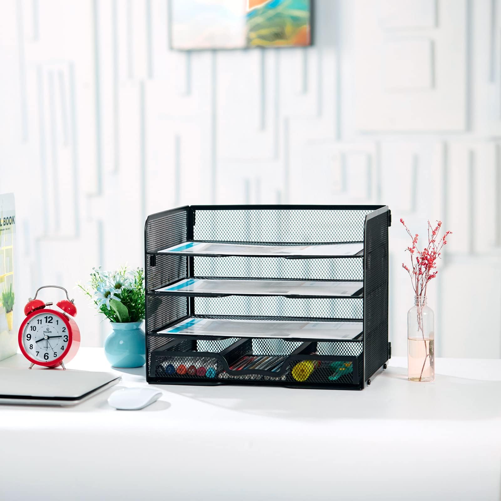 4 Tier Mesh Paper Letter Tray with Sliding Drawer - Black Office File Organizer for Desk, Home & Workplace - Perfect for Mail Sorting, Document Storage & Office Organization