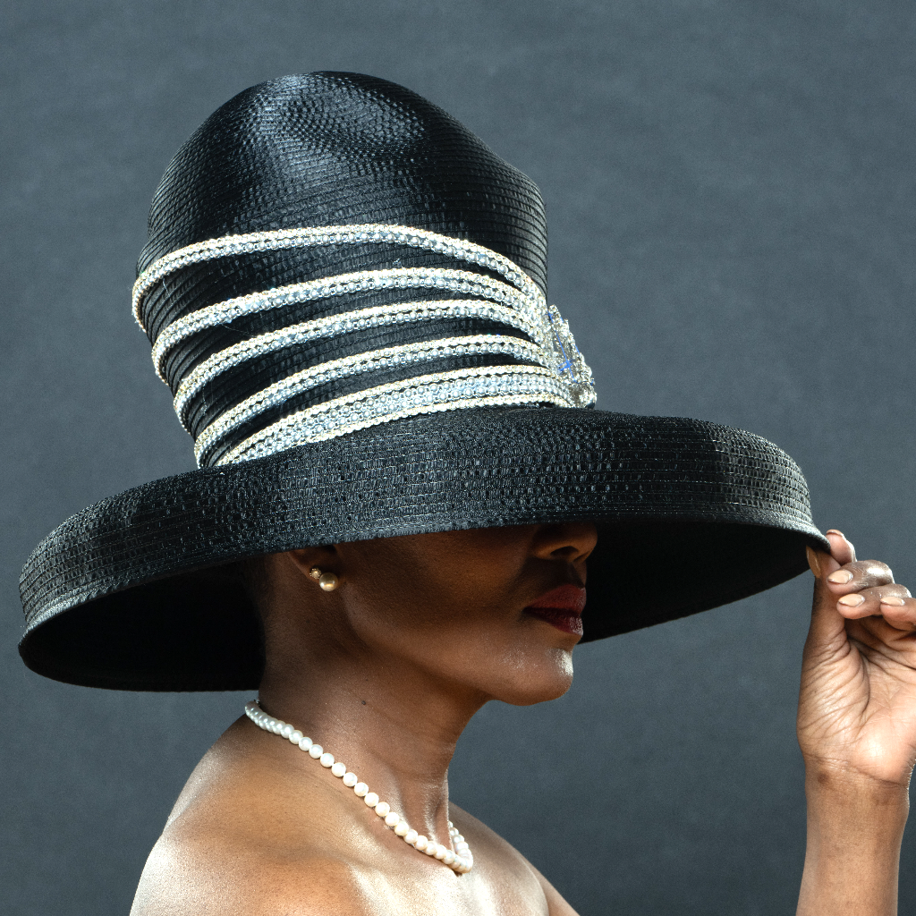 BW4439 Black Wide Brim Diamond Dress Hat for Women - Elegant Church, Wedding & Special Occasion Accessory