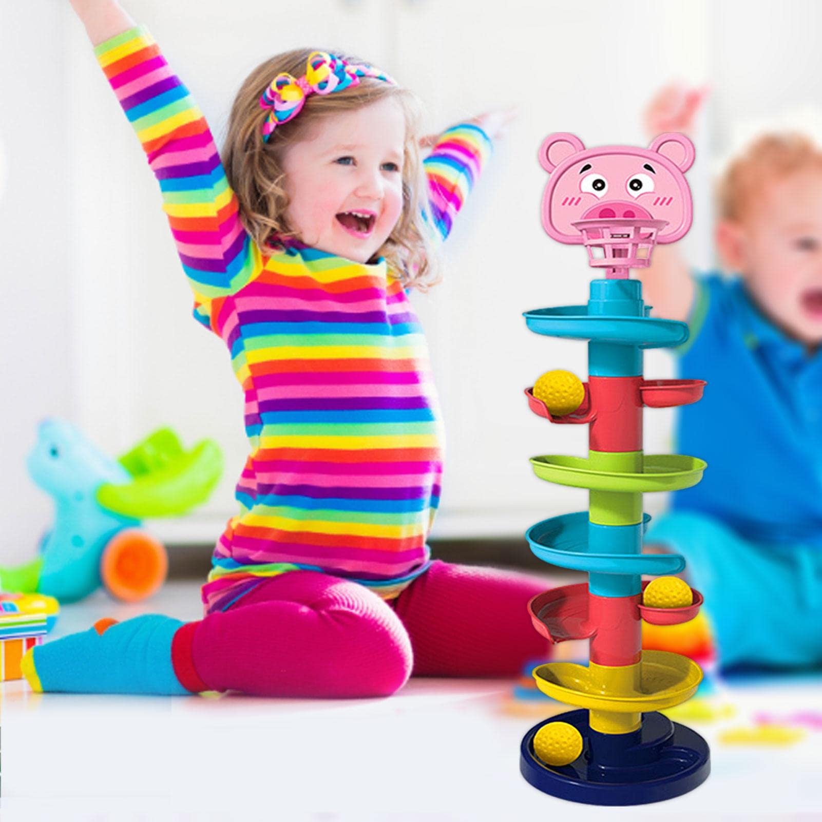 7-Layer Swirl Learning Tower Toy with Yellow Balls | Montessori Educational Ball Drop Toy for Toddlers & Baby Boys | STEM Sensory Play for Early Childhood Development