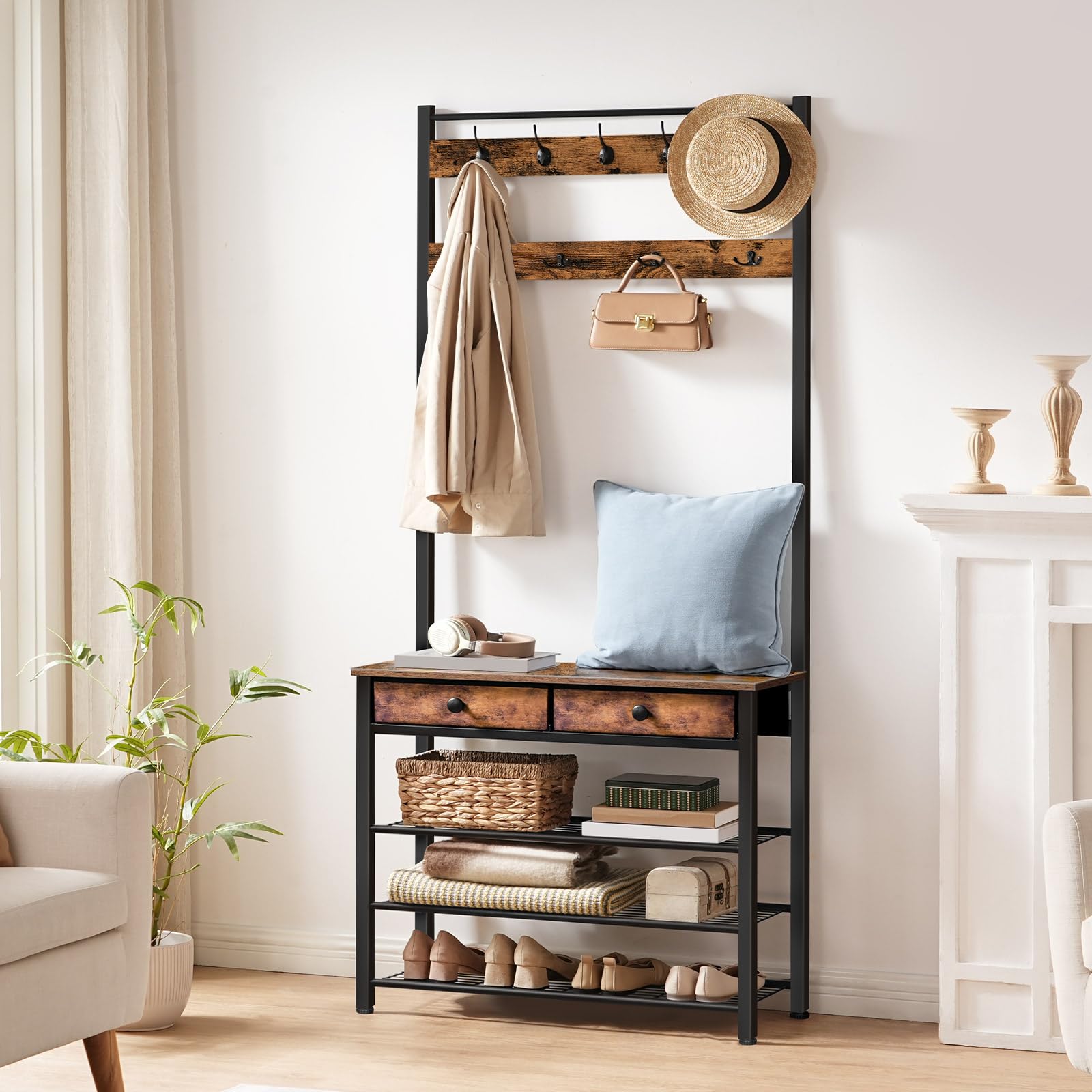 HOOBRO Hall Tree with Bench - Rustic Brown & Black Entryway Coat Rack, Shoe Storage Organizer with 4 Tiers, 9 Hooks & 2 Fabric Drawers - Perfect for Mudroom, Foyer or Small Space Organization