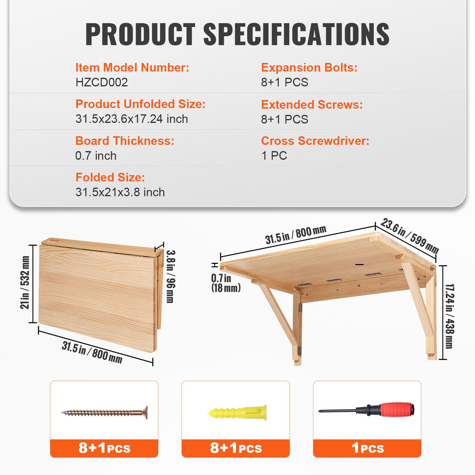 VEVOR Wall Mounted Folding Table - Solid Wood Drop Leaf Floating Desk for Small Spaces (31.5