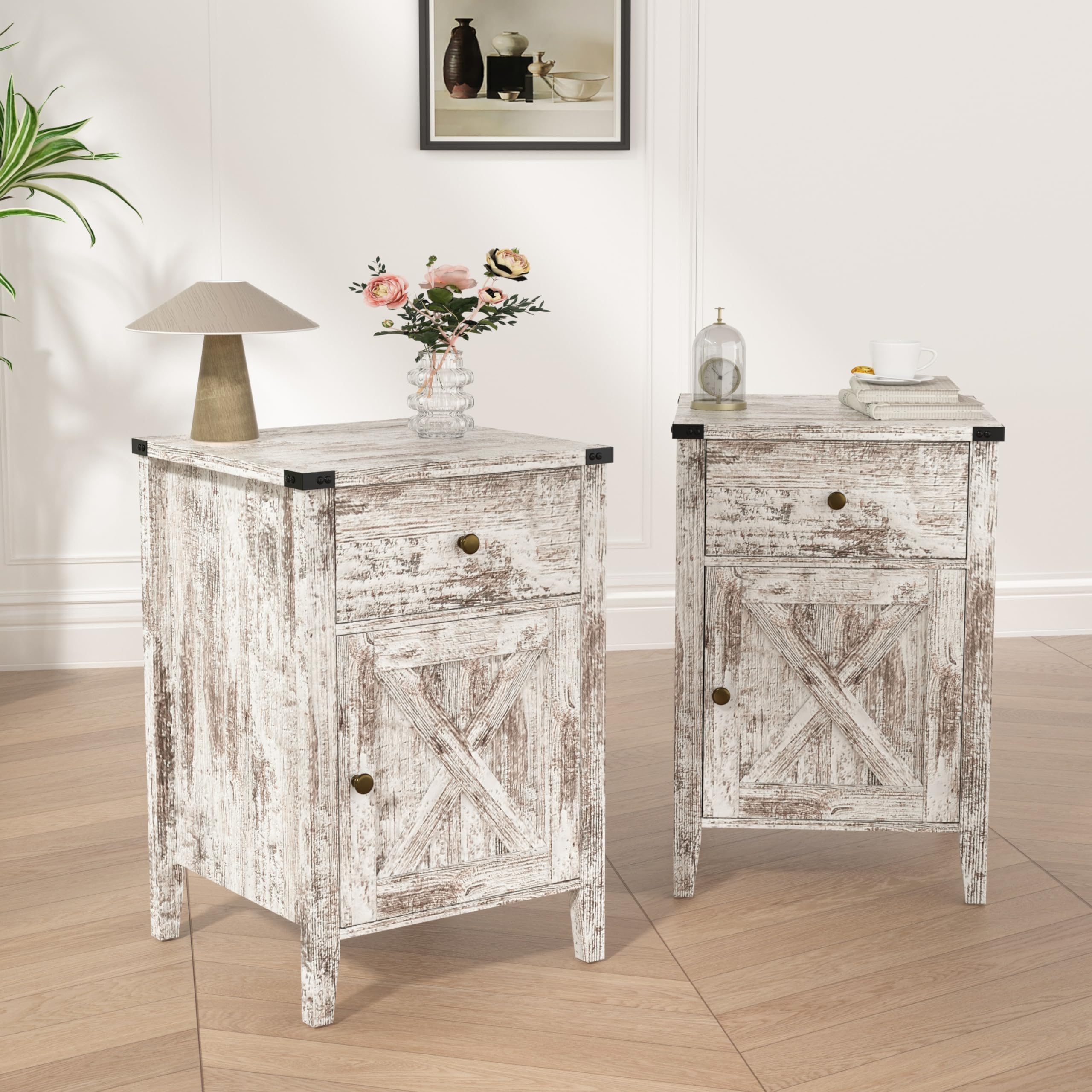 Rustic Barnwood Nightstand Set of 2 - Farmhouse Side Tables with Barn Door & Drawers - Weathered Oak Style Bedroom End Tables in Grey Wash White (No USB Charging) - Perfect for Master Bedroom, Guest Room or Cabin Decor