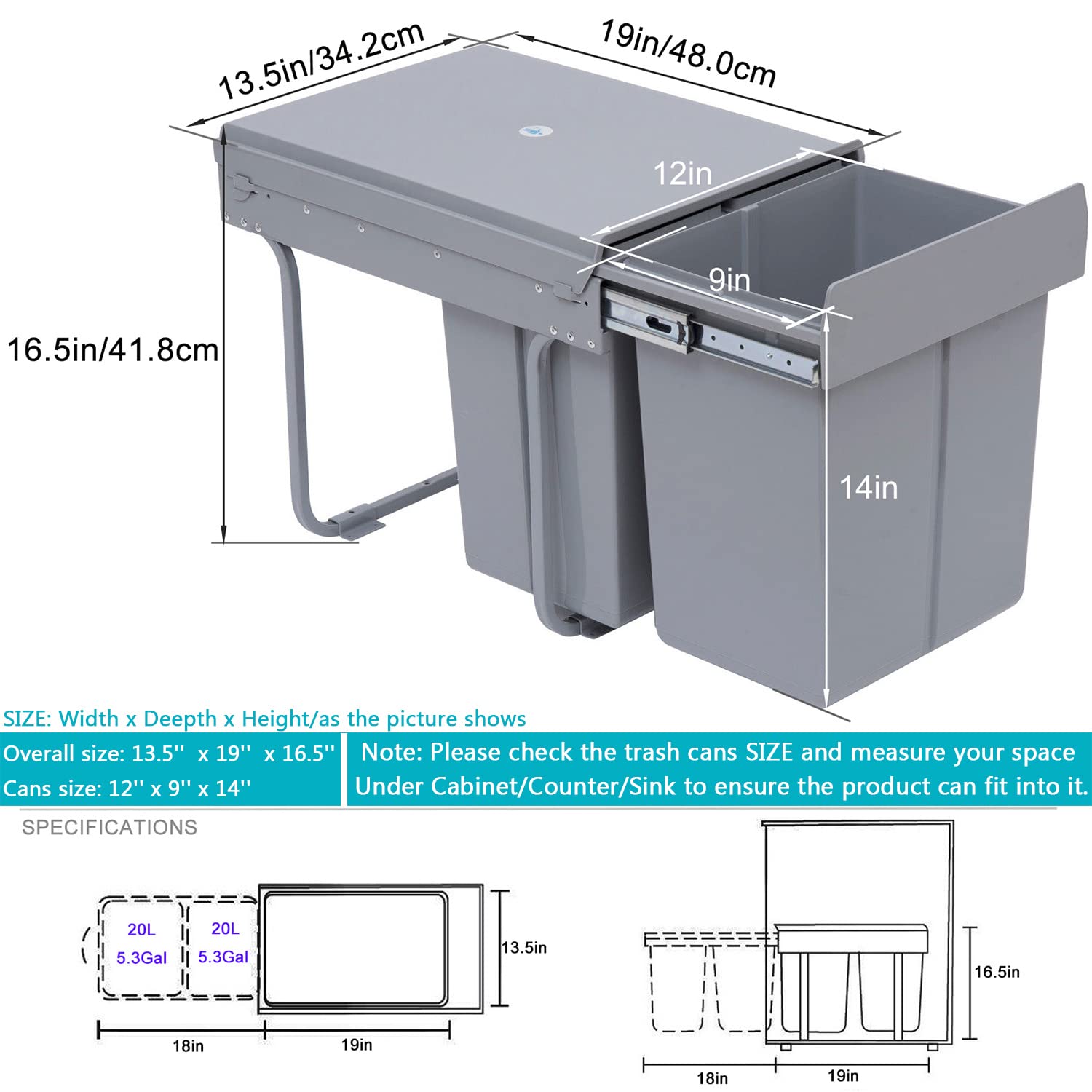 Nisorpa 40L/10.6Gal Dual Compartment Pull-Out Trash Can - Under Sink Cabinet Garbage Bin with Lid - Soft Close Sliding Recycling Container for Kitchen, Commercial Use - Gray (Perfect for Small Spaces & Waste Sorting)