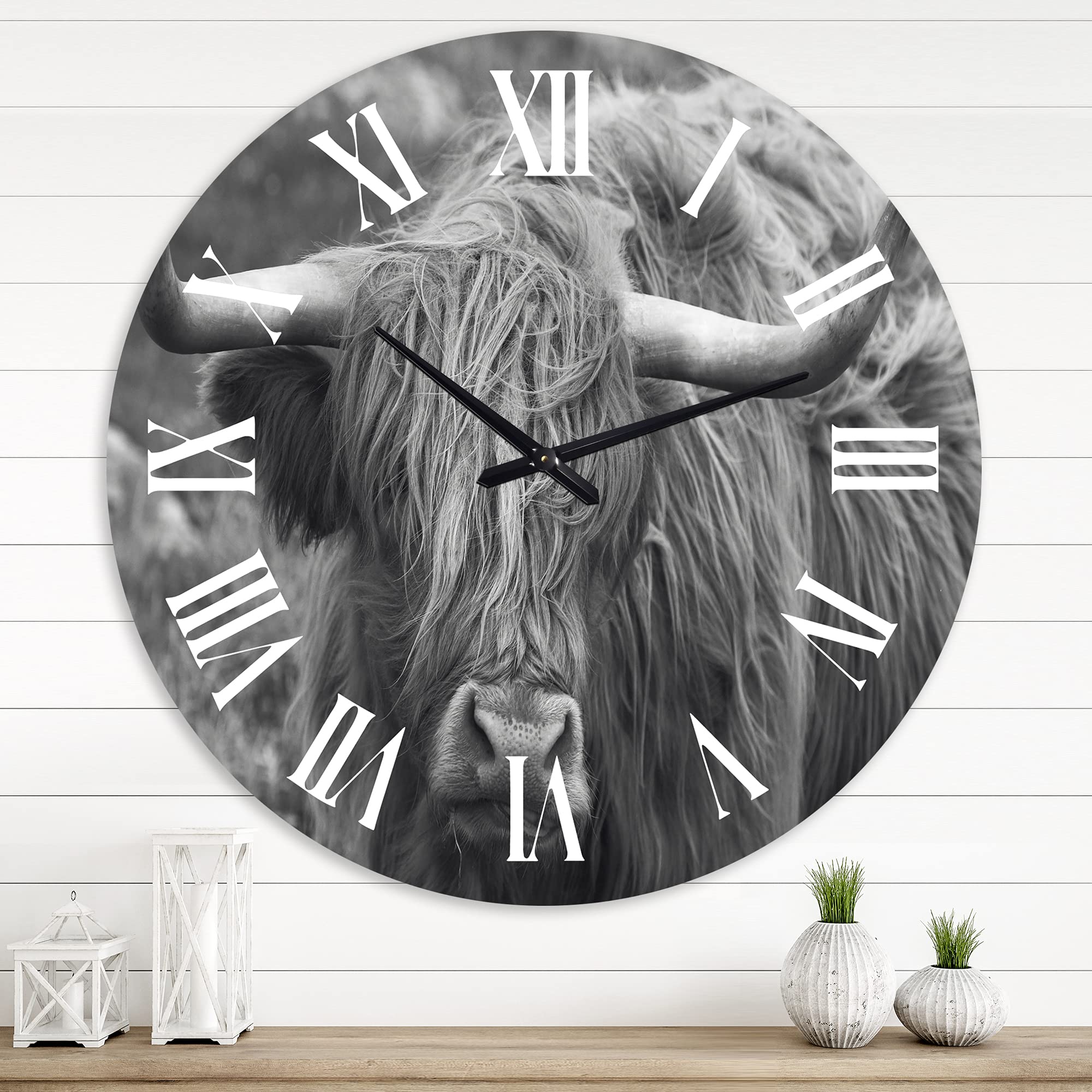 Farmhouse Wall Clock with Scottish Cow on Moorland - Large Rustic Animal Wall Clock for Home, Office & Kitchen Decor | Perfect for Living Room, Bedroom & Country Style Spaces
