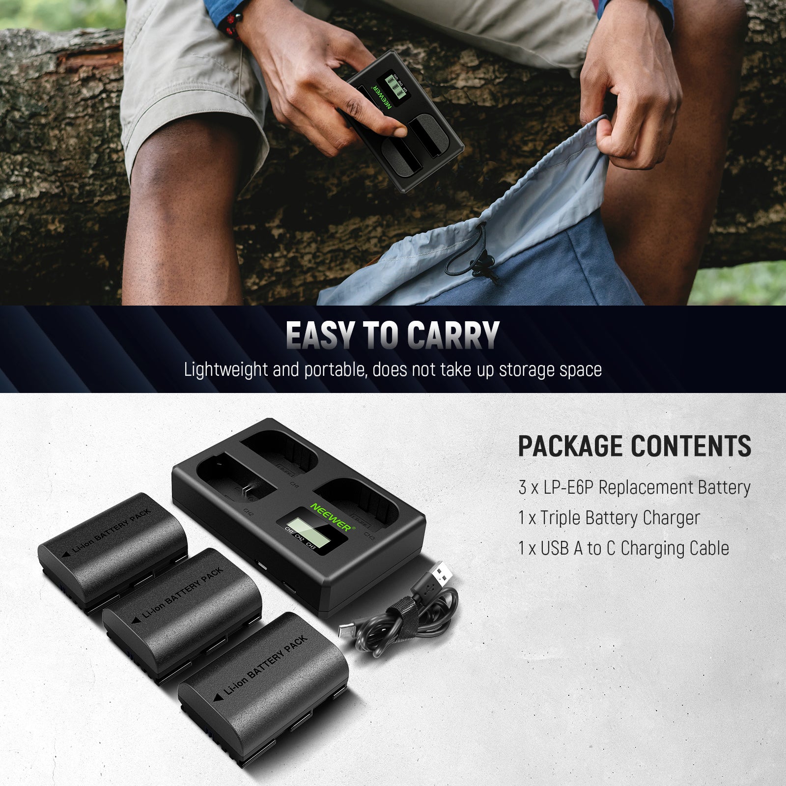 NEEWER 3 Pack 2400mAh LP-E6P/LP-E6NH Replacement Batteries for Canon DSLR Cameras - Compatible with EOS 5D Mark IV, 6D, 7D, 80D & More - Perfect for Travel, Wedding & Outdoor Photography