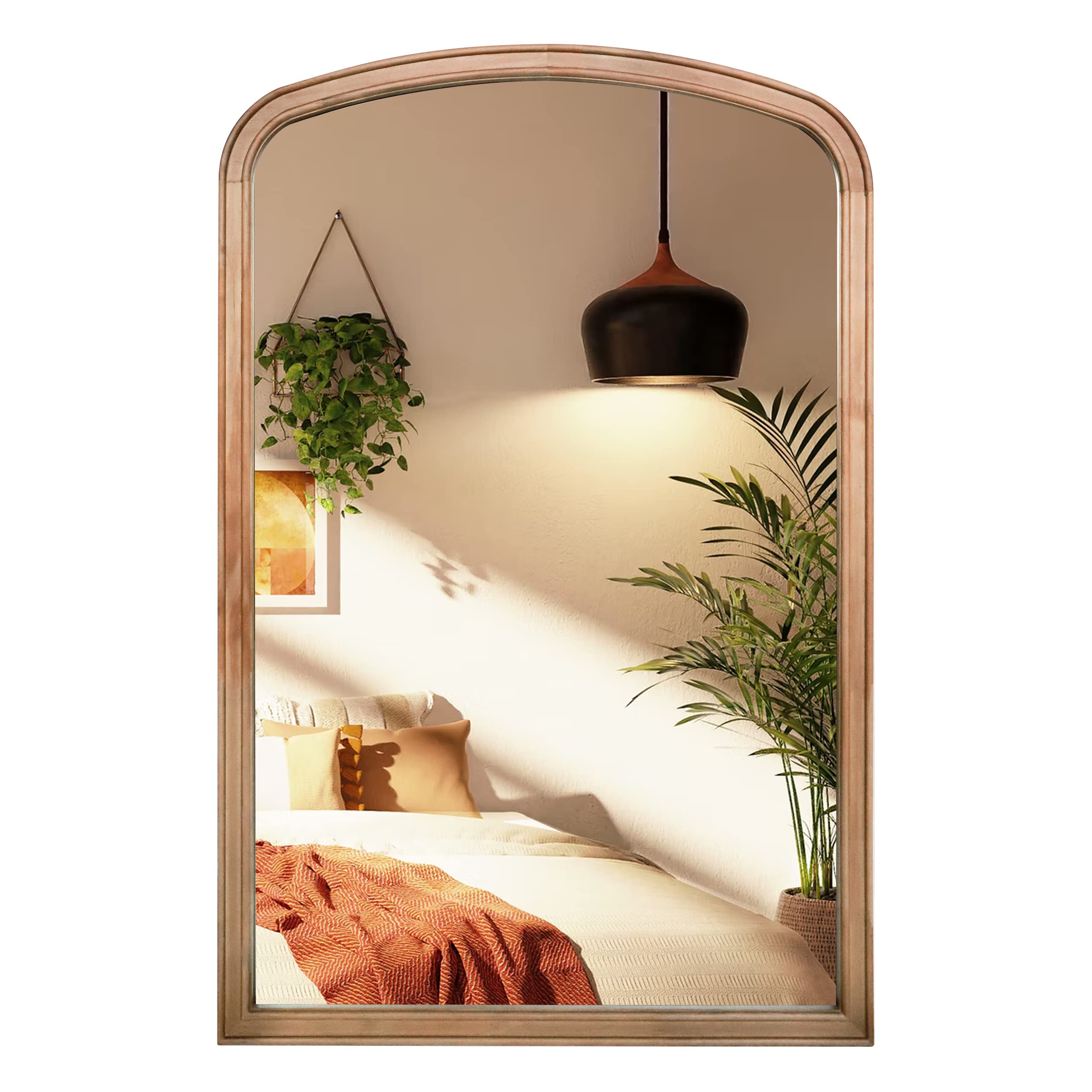 Wallbeyond 24x36 Inch Rustic Brown Wooden Frame French Arch Top Wall Mirror - Vintage Decor Mirror for Living Room, Bedroom & Entryway - Natural Wood Finish