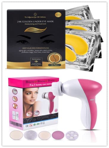 24K Gold Under Eye Masks with Collagen - Rejuvenating Eye Patches for Dark Circles & Puffiness | Electric Facial Cleansing Brush Set with 5-in-1 Massage Functions | Portable Skincare Devices for Home Spa & Travel