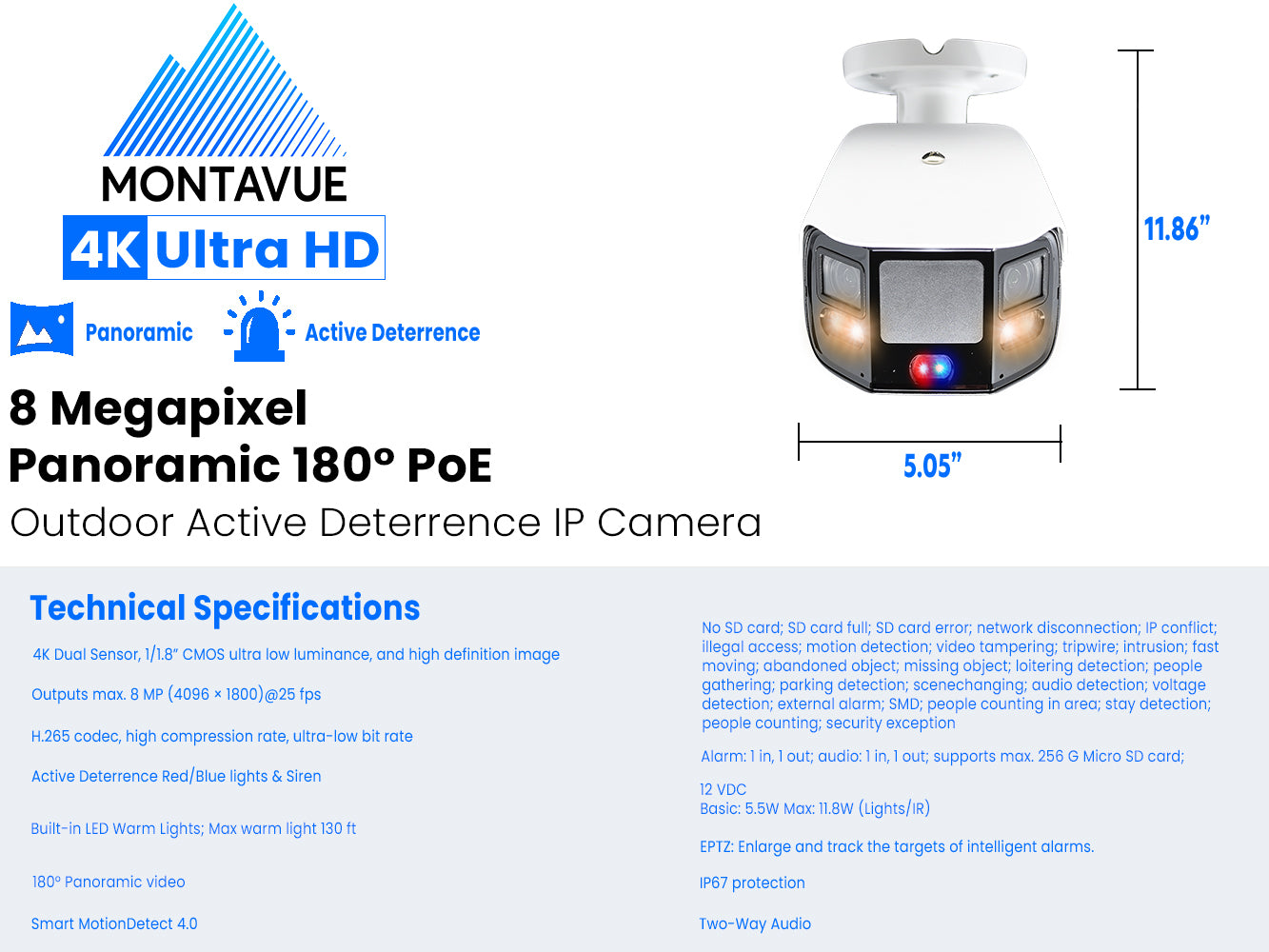 MTB180 TIOC | 8MP 4K 180° Panoramic Active Deterrence Bullet Security Camera with Full Color Night Vision & Smart Motion Detection 4.0 - Ideal for Home, Business & Outdoor Surveillance