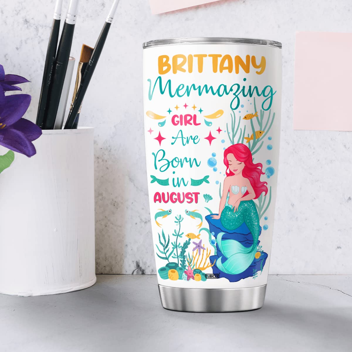 Personalized Stainless Steel Tumbler with Lid - 20oz Insulated Travel Mug, Leakproof Double Wall Vacuum Cup for Hot & Cold Drinks - Perfect Gift for Women (Mermaid Design) - Great for Coffee, Tea, Wine - Ideal for Christmas, Birthday, Office, Gym & Outdoor Activities