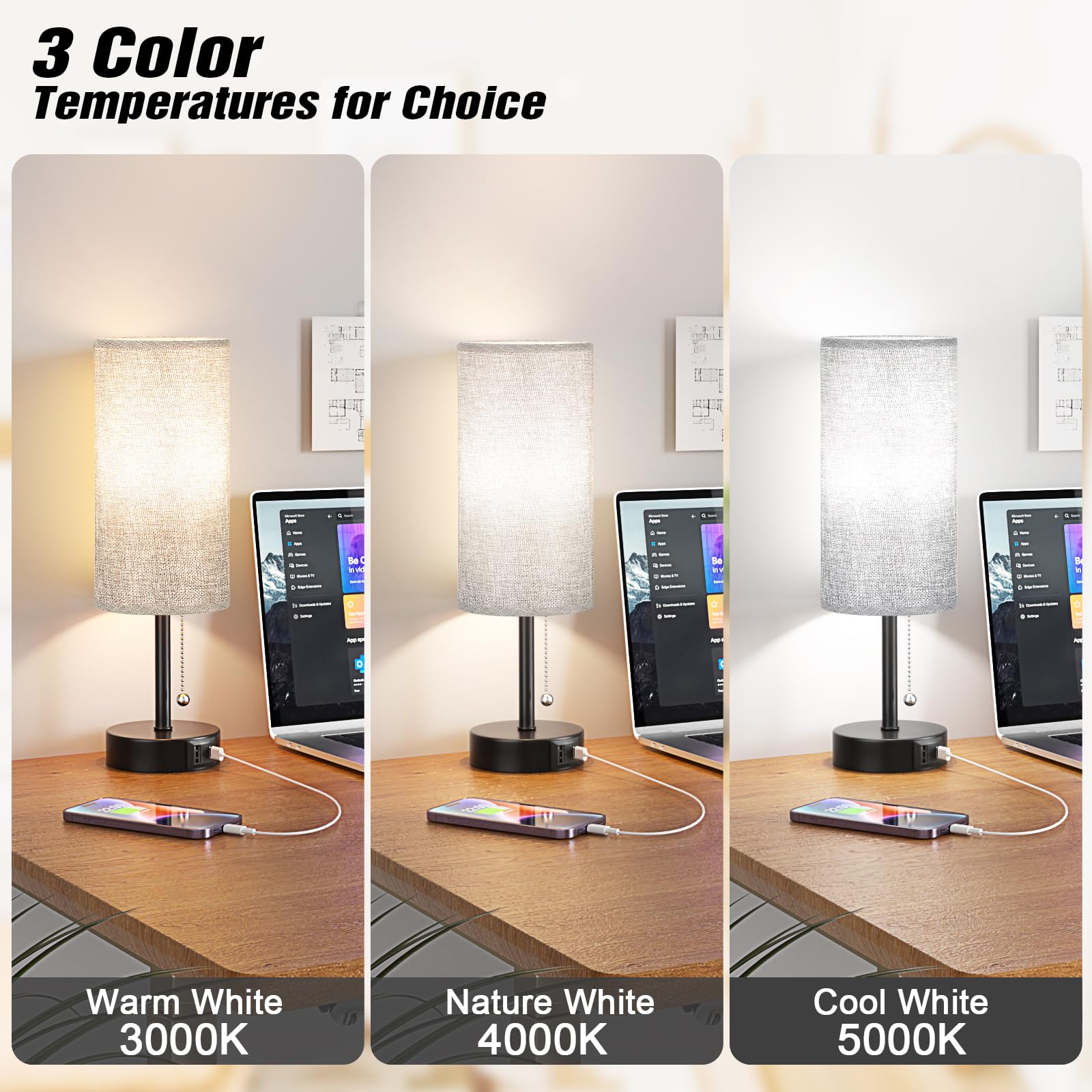 Modern Grey Bedside Lamp with USB A + C Charging Ports - 3-Way Dimmable Nightstand Light with Pull Chain, Adjustable Color Temperature, Includes LED Bulb - Perfect for Bedroom, Living Room, Dorm & Office Reading