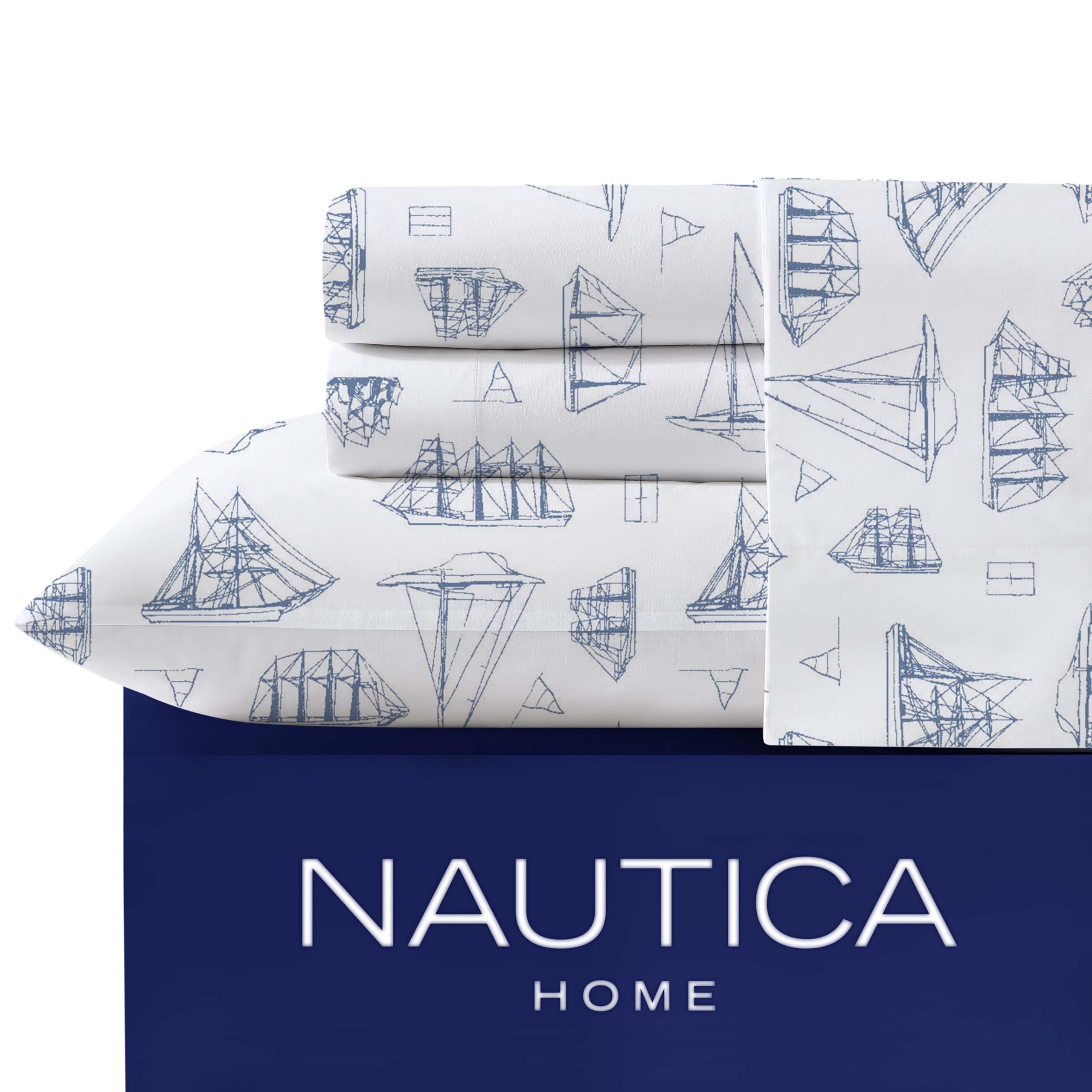 Nautica Cotton Percale Twin Sheets Set - Coastal Blue & White Sailboat Design - Soft Breathable Bedding for Comfortable Sleep - Perfect for Beach House, Guest Room & Dorm Decor