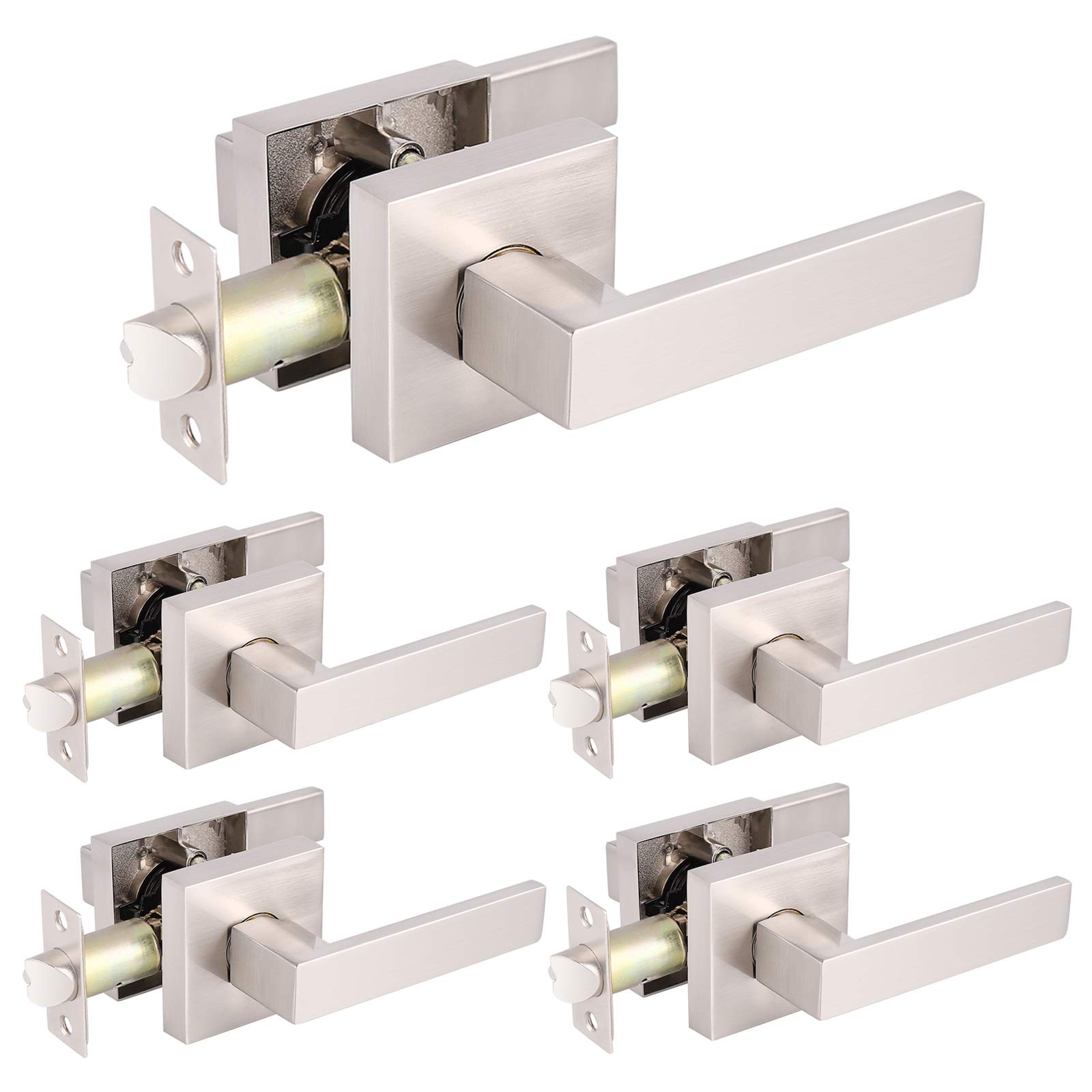 Gobrico Square Rosette Hall Closet Lock Straight Lever Handle Passage Door Latch - Satin Nickel Finish (5 Pack) - Perfect for Bedroom, Bathroom & Interior Doors