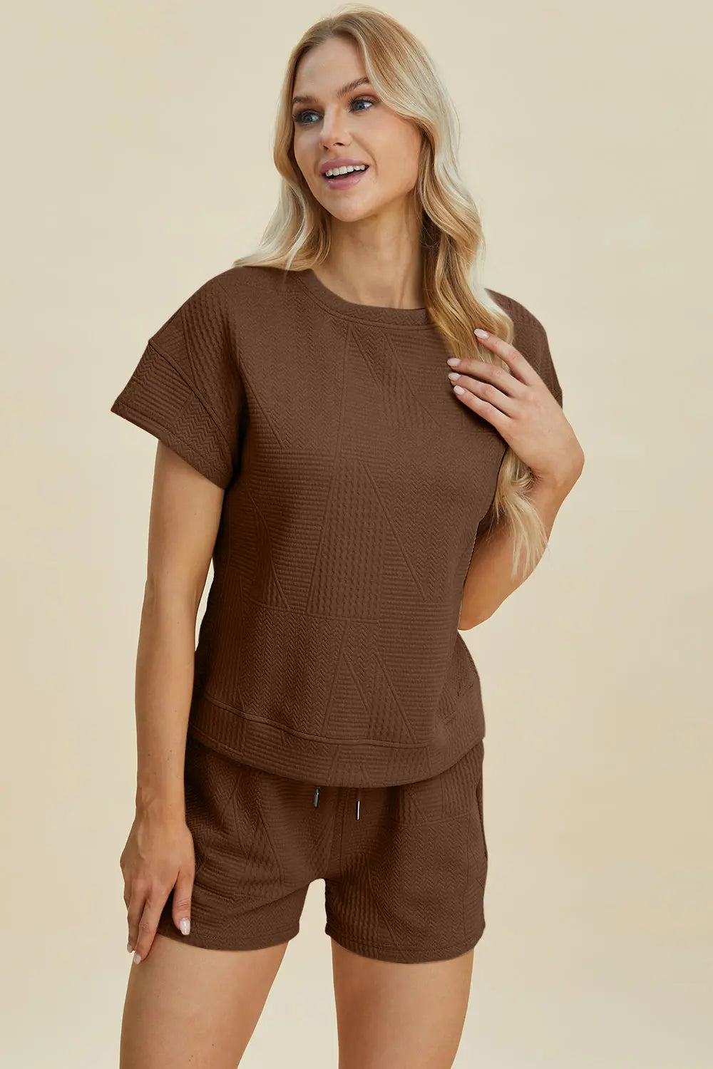 Double Take Full Size Textured Short Sleeve Top & Shorts Set - Women's Casual Summer Outfit for Beach, Yoga & Lounge Wear