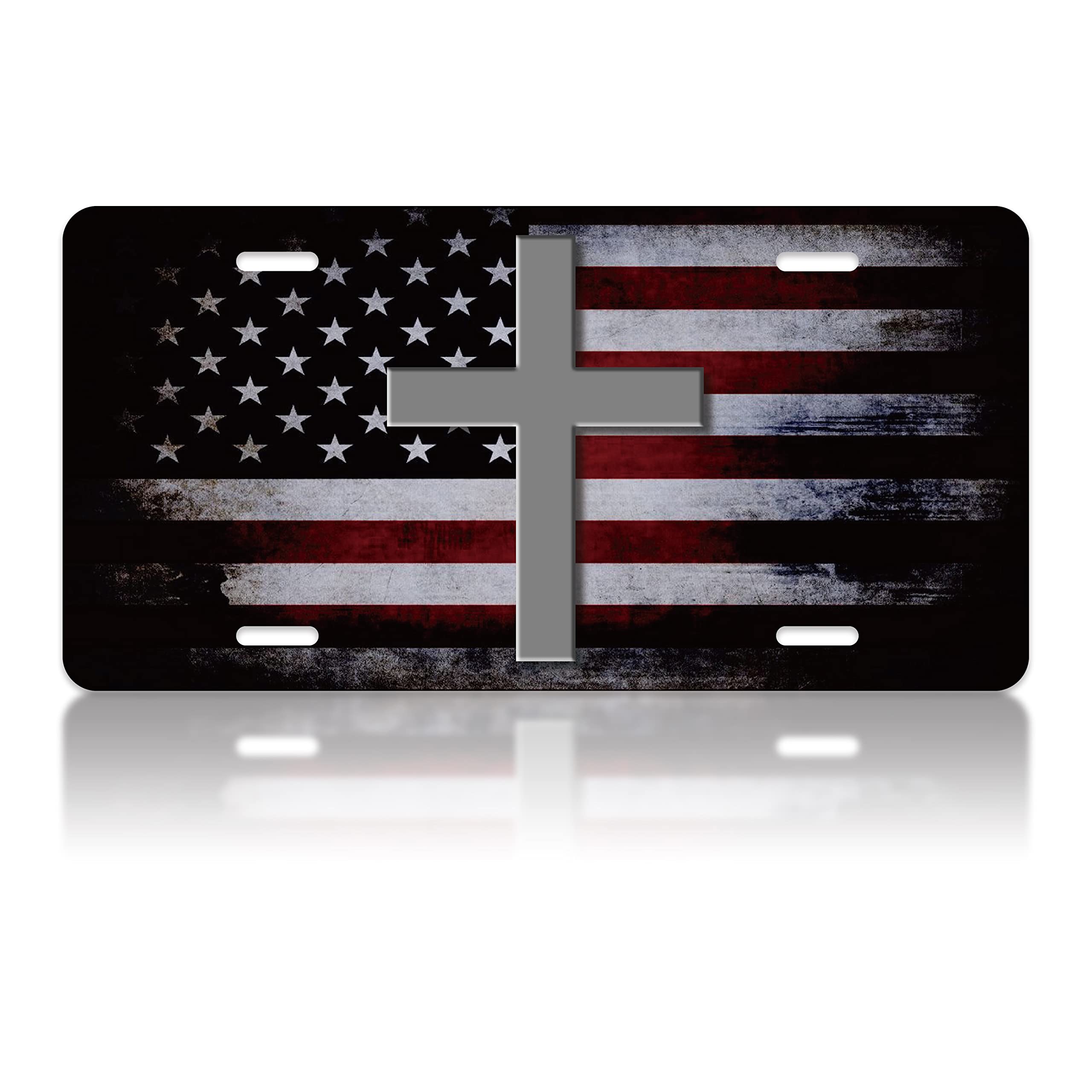 American Flag Jesus Cross Christian Personalized Stainless Steel Car License Plate - 4 Hole Vanity Tag for Front Decoration | Perfect for Church Goers & Faith-Based Vehicle Customization