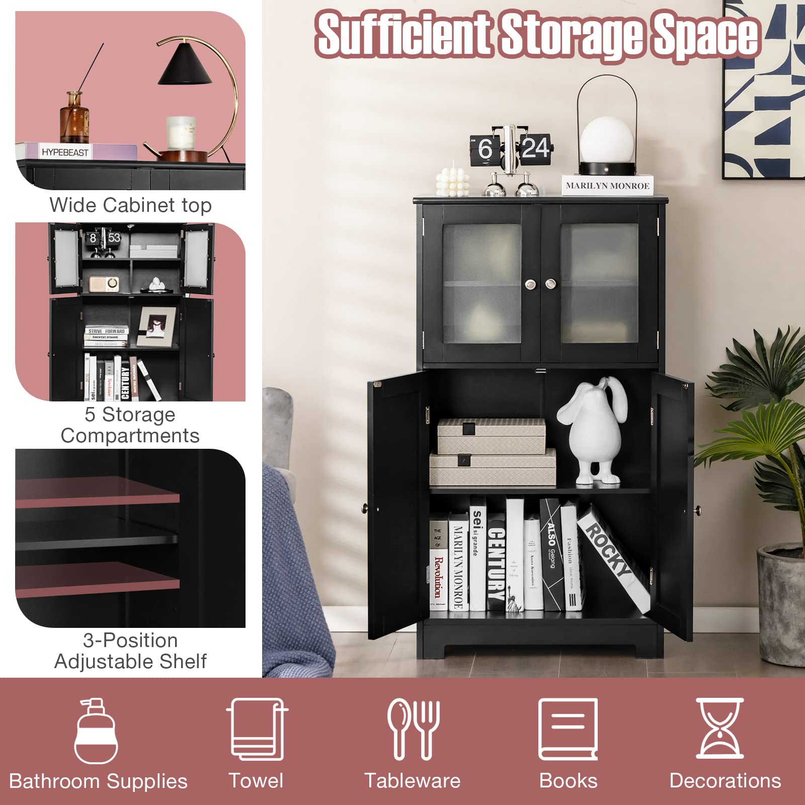 Tangkula Freestanding Bathroom Floor Cabinet with Glass Doors - Adjustable Shelf Wood Storage Cabinet for Bathroom, Kitchen, Hallway, Living Room & Office - Perfect for Organizing Towels, Toiletries & Home Decor (Black)